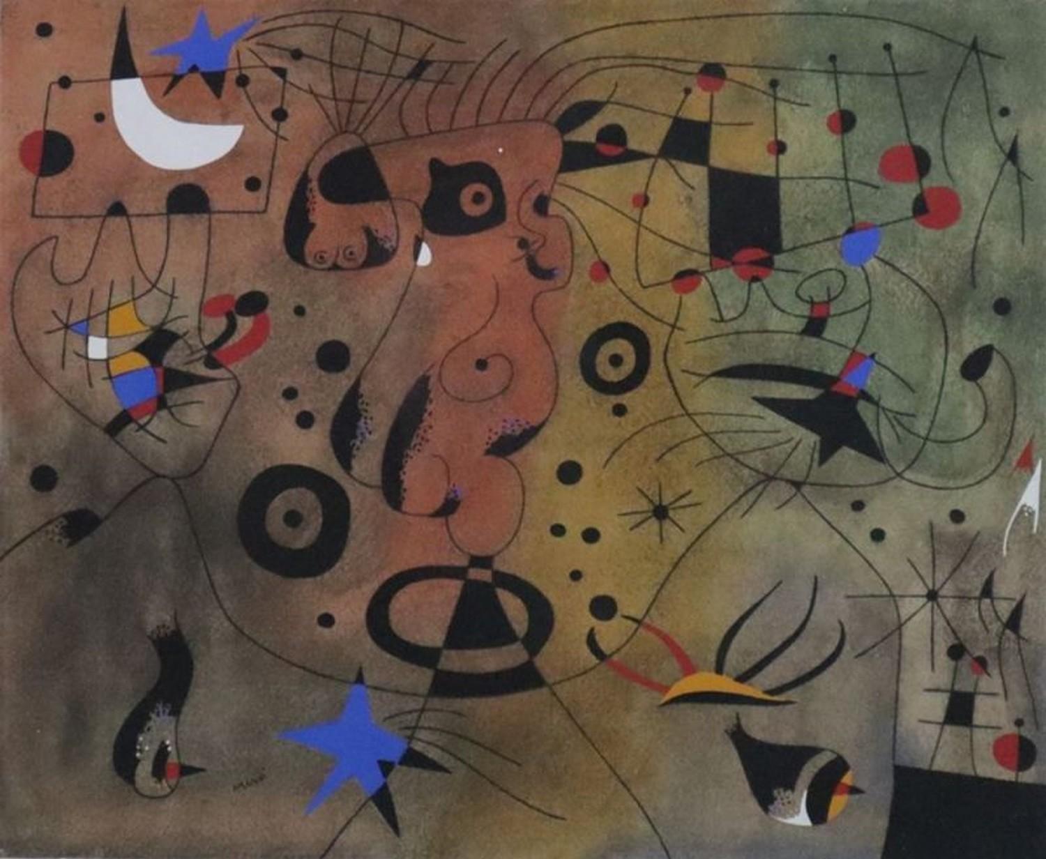 Abstract Print (after) Joan Miró - Femme à la blonde aiselle coiffant sa chevelure a la lueur des étoiles