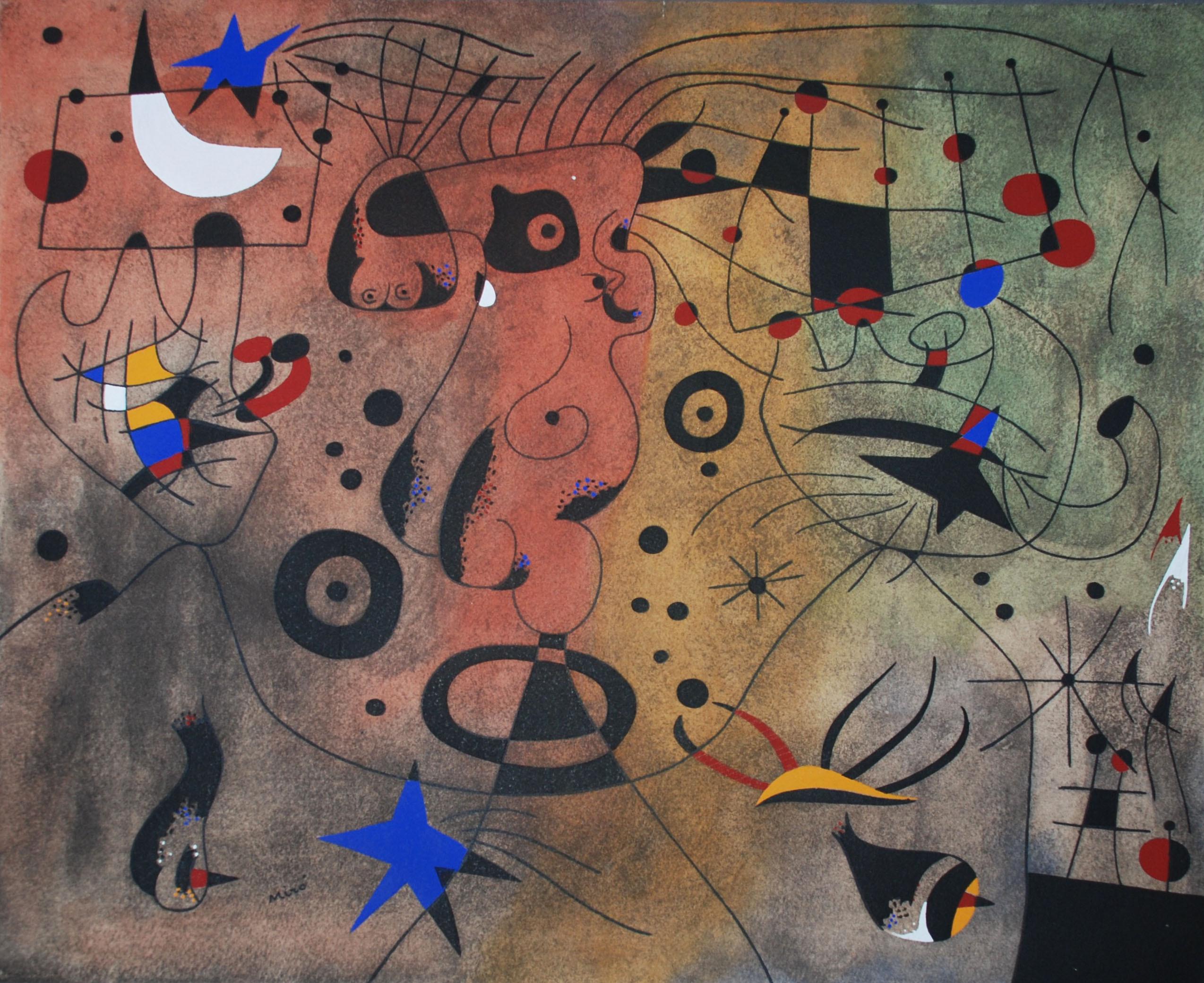 (after) Joan Miró Abstract Print - Femme a la blonde aisselle coiffant sa chevelure a la lueur des etoiles, Plate V