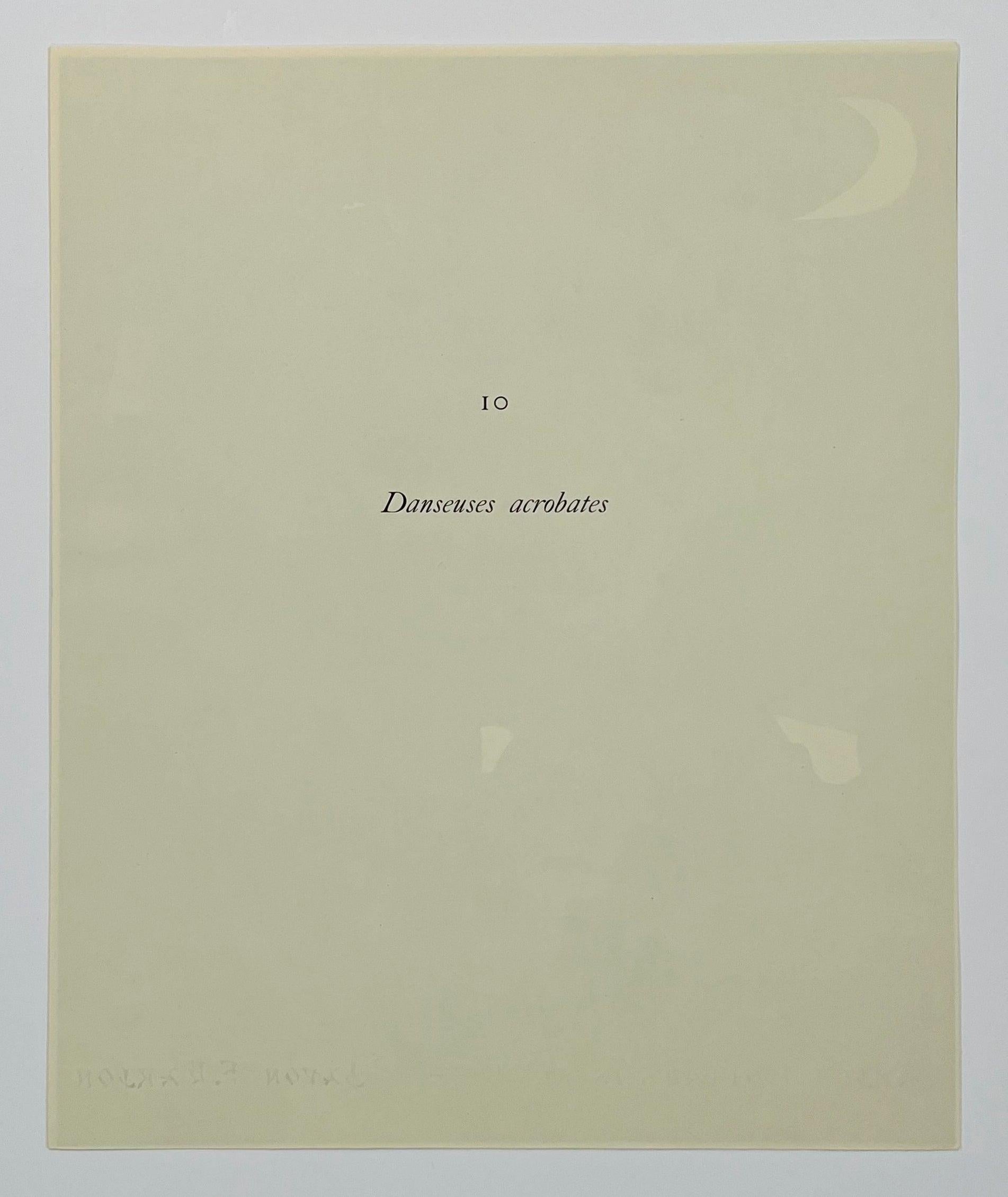 Artist: Joan Miro (after)
Title: Danseuses acrobates (Acrobatic Dancers), Plate X
Portfolio: 1959 Constellations
Medium: Original pochoir
Date: 1959
Edition: 350
Sheet Size: 17