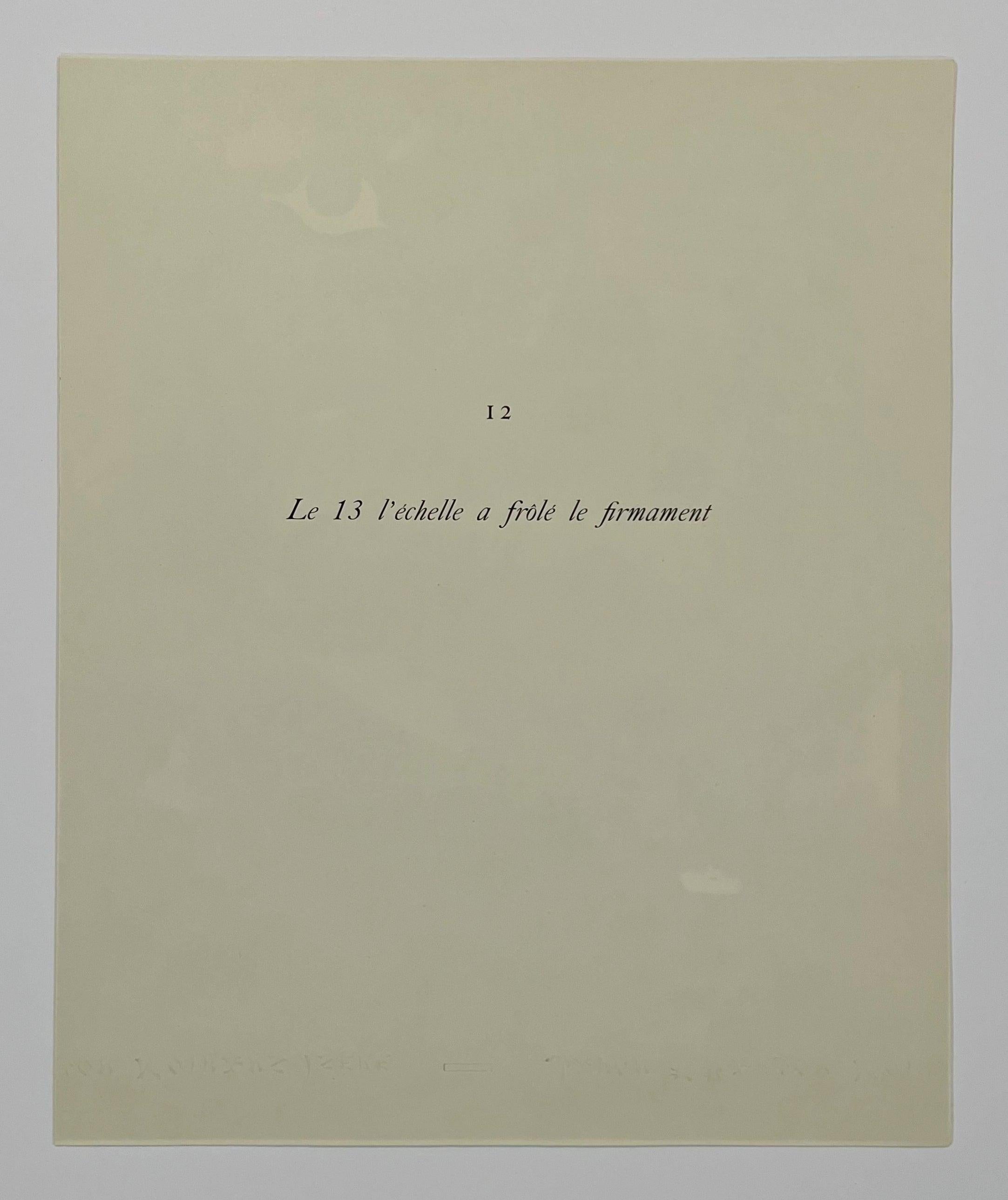Artistics : Joan Miro (d'après)
Titre : Le 13 l'echelle a frole le firmament, Planche XII
Portfolio : 1959 Constellations
Moyen : Pochoir original
Date : 1959
Edition : 350
Taille du drap : 17