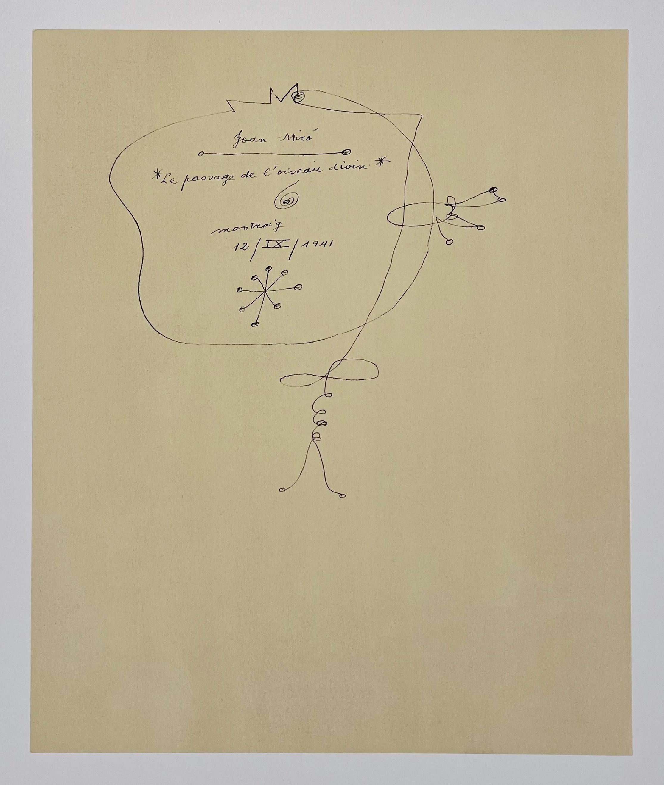 Artist: Joan Miro (after)
Title: Le passage du l'oiseau divin (The Passage of the Divine Bird), Plate XXII
Portfolio: 1959 Constellations
Medium: Original pochoir
Date: 1959
Edition: 350
Frame Size: 22 1/4