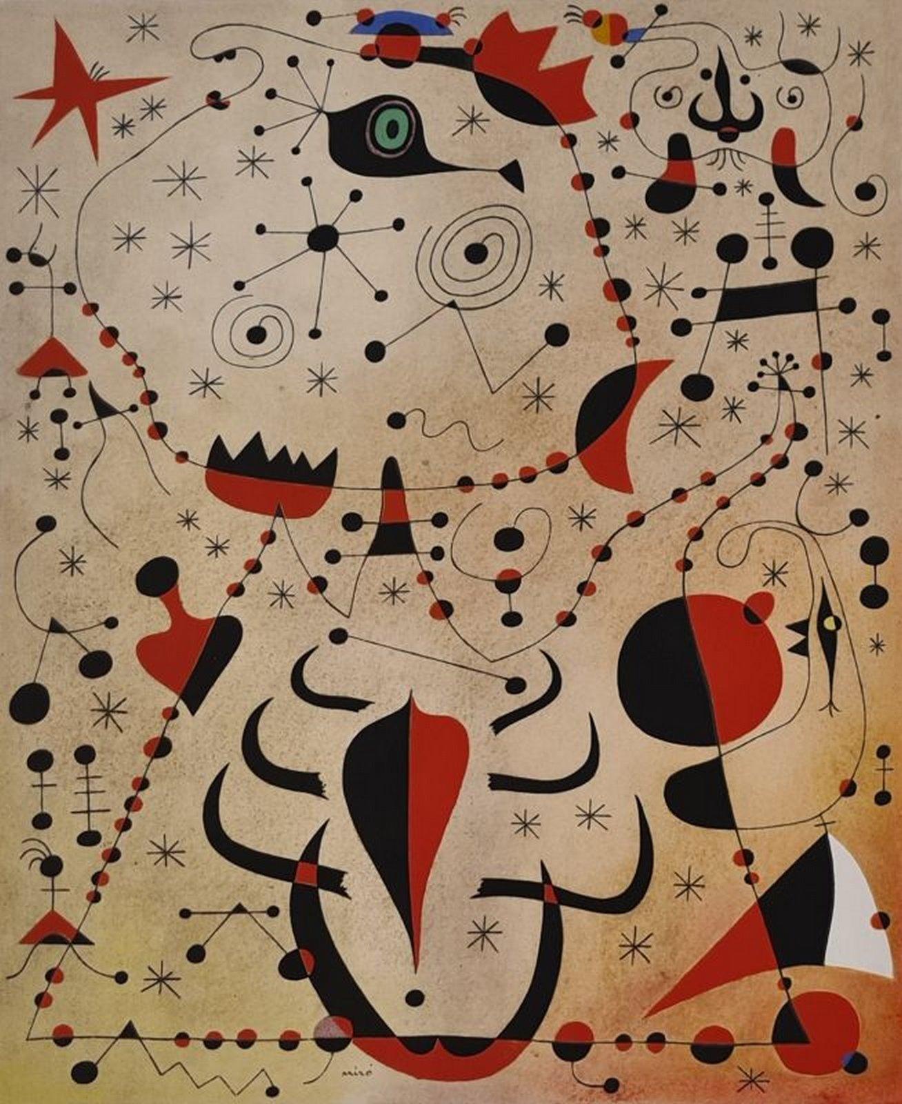 (after) Joan Miró Abstract Print - Le crépuscule rose caresse le sexe des femmes et des oiseaux 