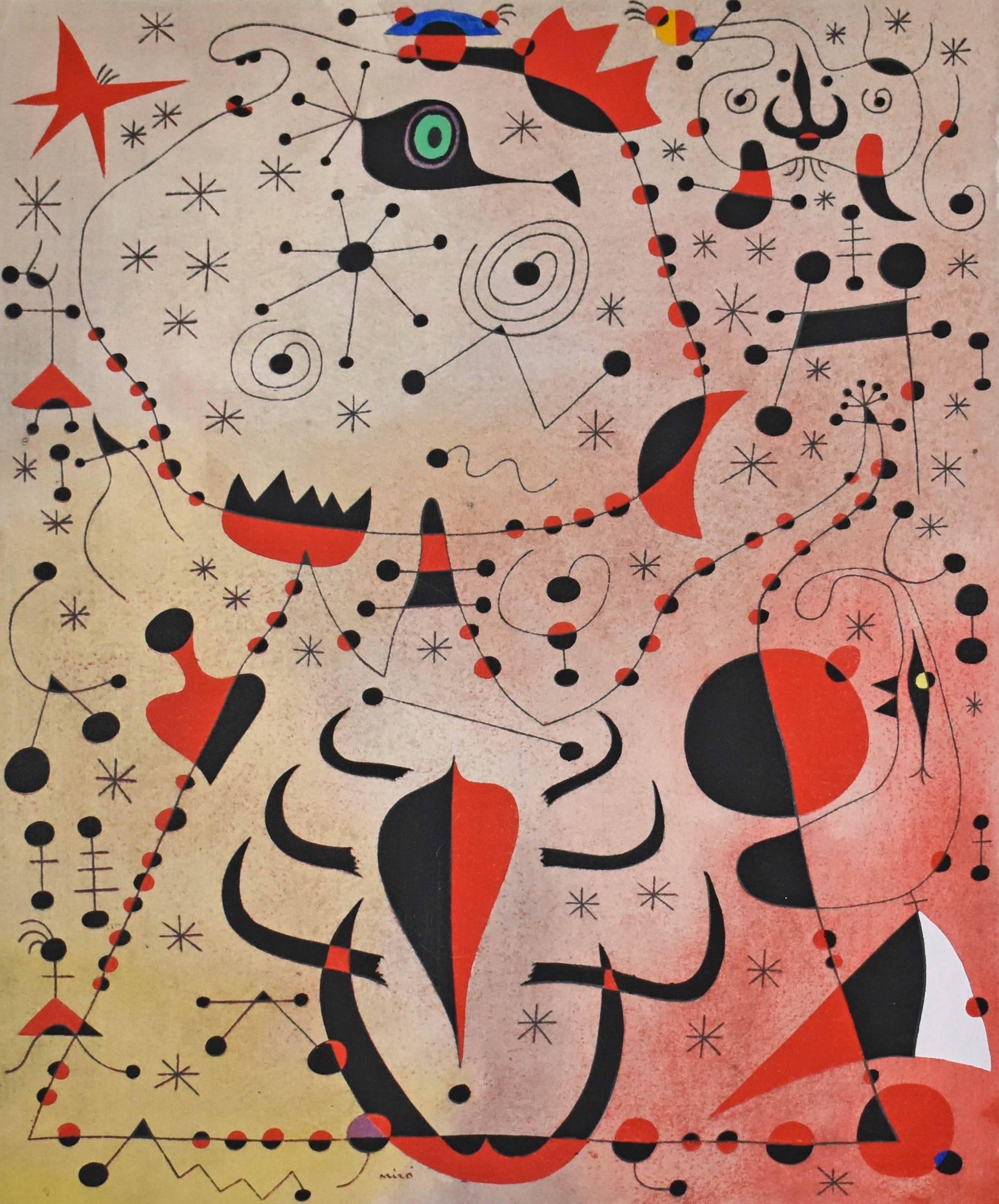 (after) Joan Miró Abstract Print - Le crepuscule rose caresse les femmes et les oiseaux, from Constellations