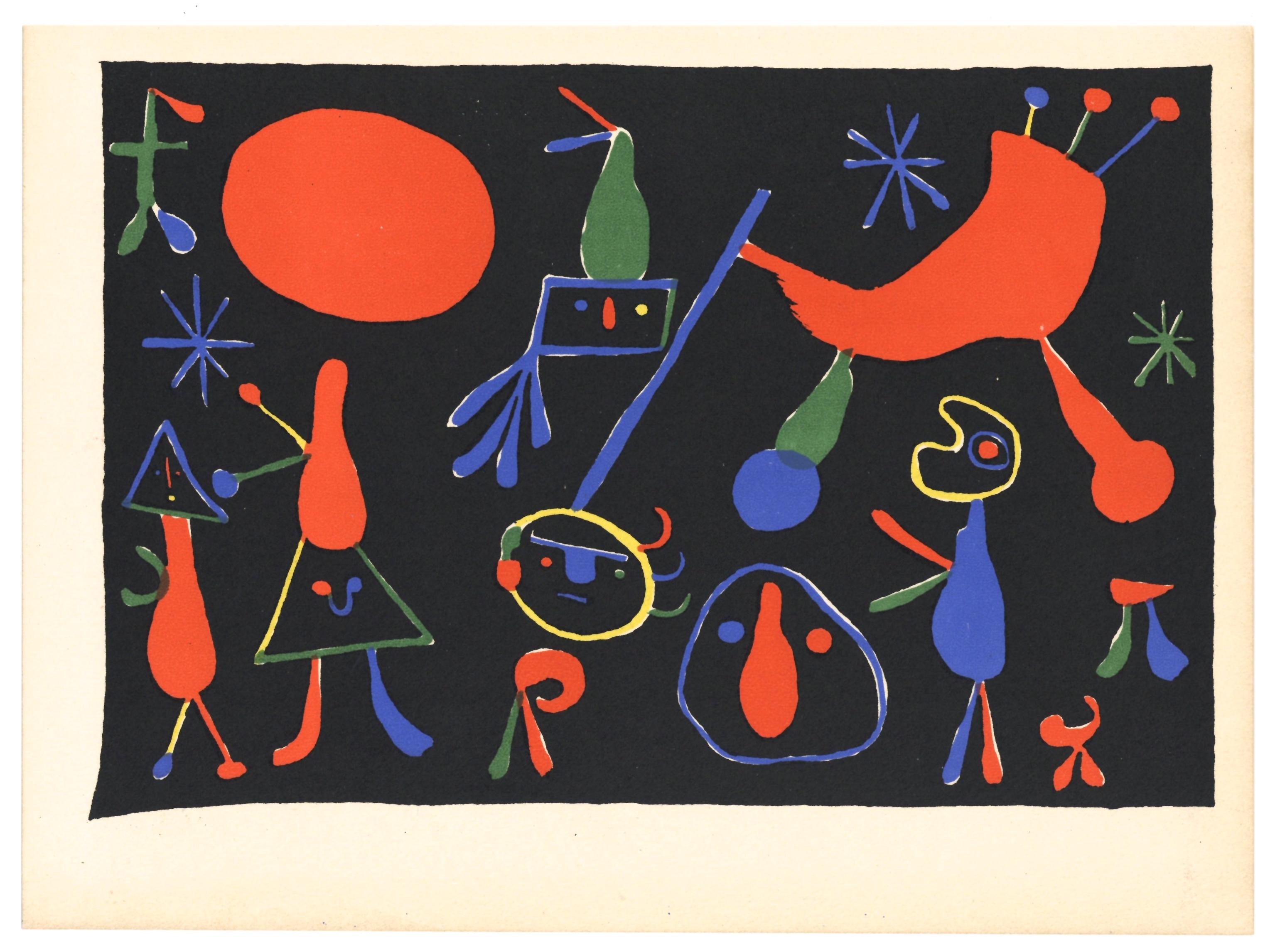 "Personnages sur un fond noir" pochoir - Print by (after) Joan Miró