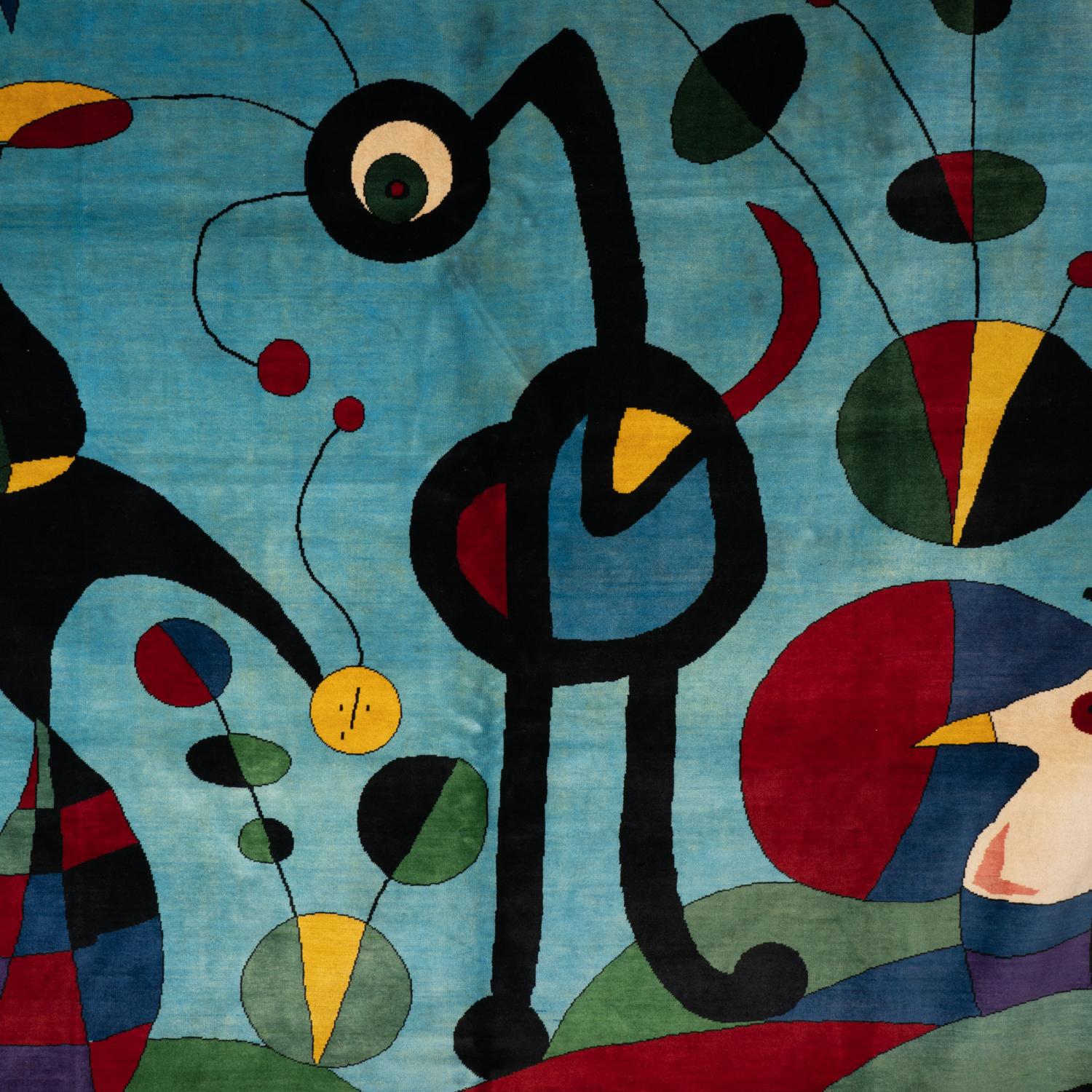 Rug, or tapestry, after a work by Joan Miro entitled « Le Jardin » and dated 1925, suggesting characters, in black, red and yellow tones and on a blu background. Hand-knotted and in Merino wool.

Contemporary work of craftsman.

On demand. Will be