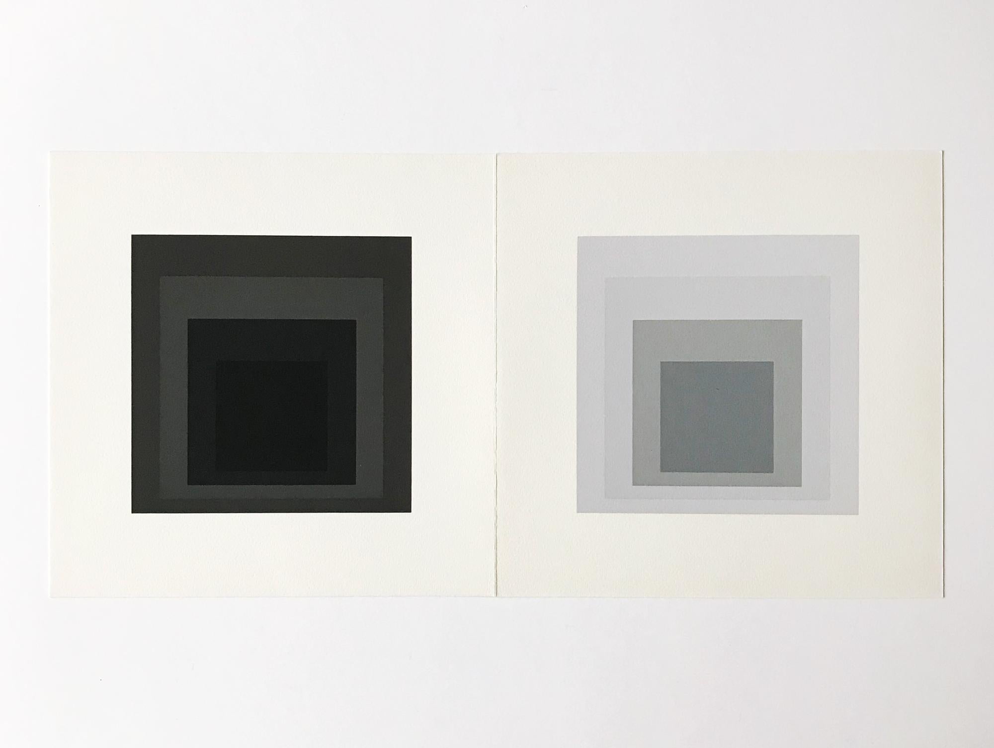 after Josef Albers  (Bottrop 1888 – 1976 New Haven)
Untitled (Announcement card for two editions, published to celebrate his 84th Birthday), 1972
Medium: Two Screenprints on wove paper (with middle fold)
Print Dimensions: 19 x 19 cm
Sheet