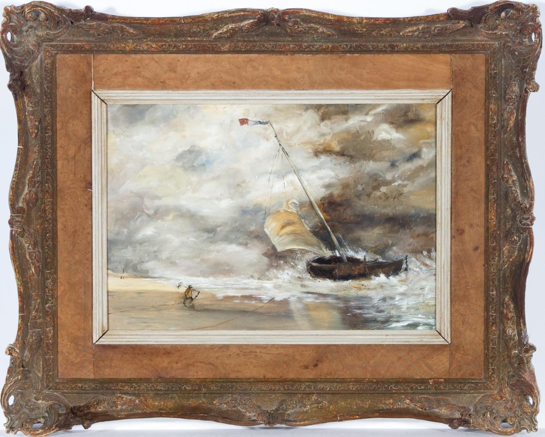 (After) Joseph Mallord William Turner Landscape Painting - Follower of JMW Turner - Framed Mid 20th Century Oil, Stormy Shipping Scene