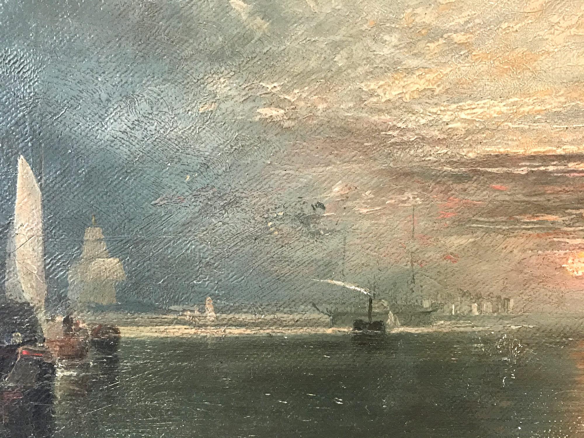An exquisite oil painting After the Great Joseph Mallord William Turner. This rare oil is an exceptional render of the historic Temeraire, which was a 98-gun second-rate ship of the line of the Royal Navy. Launched in 1798, she served during the
