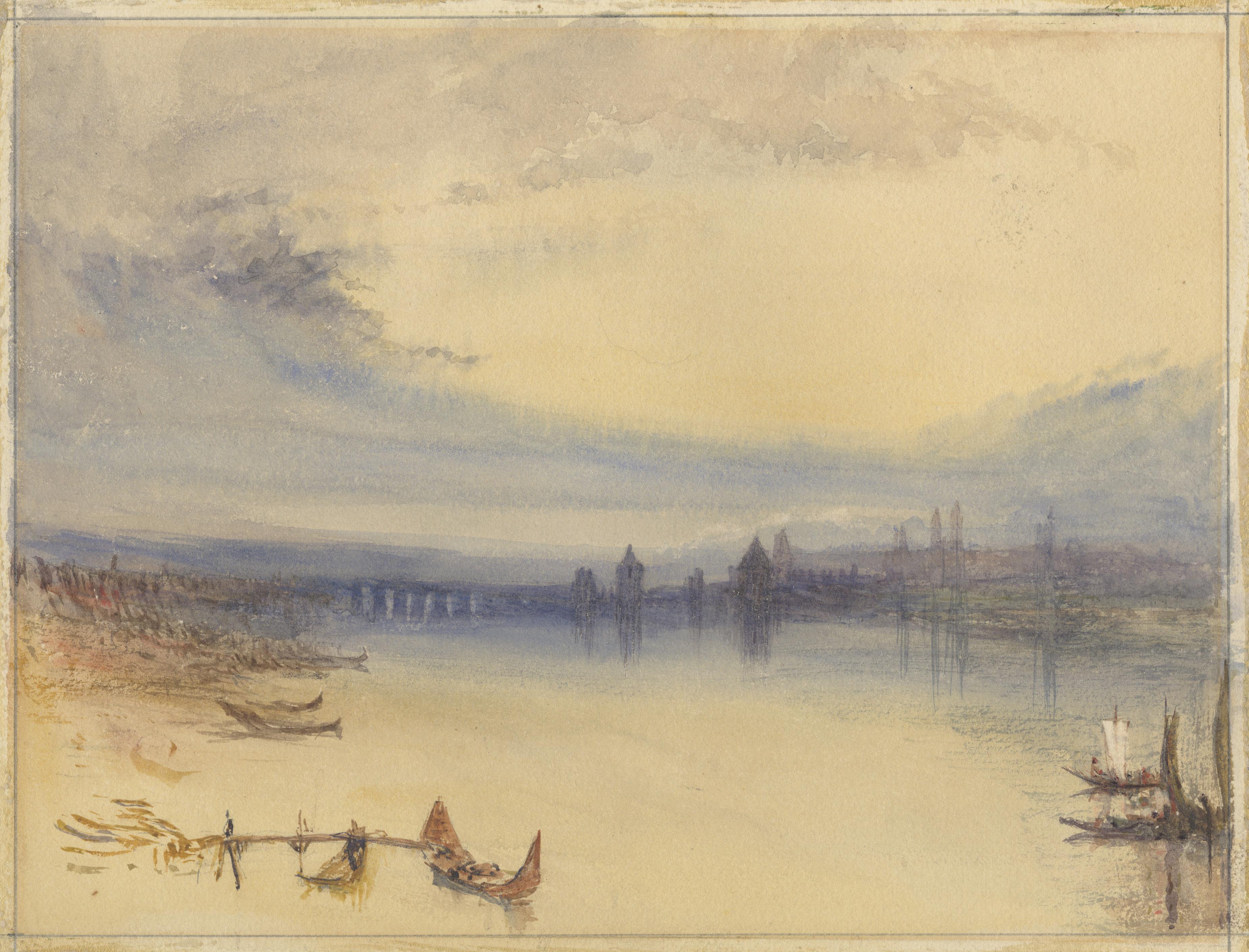 Landscape Print di (After) Joseph Mallord William Turner - Lago di Costanza ; L'Oberstadt di Bregenz con il Lago di Costanza (il Bodensee) Bey