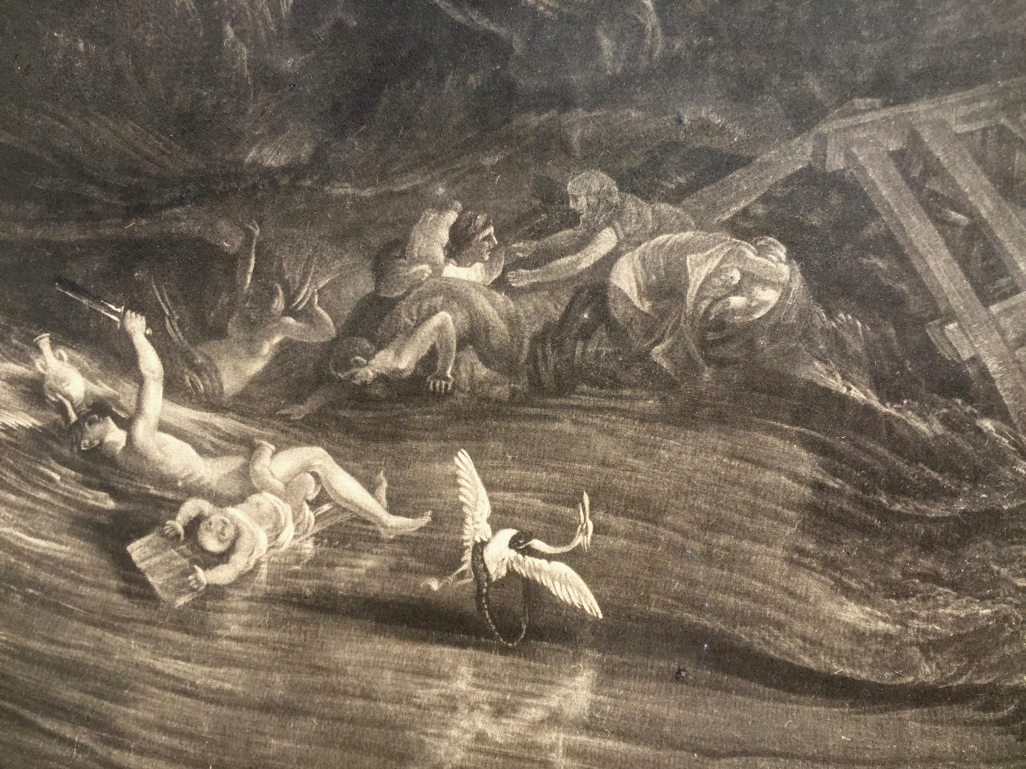 (nach) JOSEPH MALLORD WILLIAM  TURNER (1775 - 1851)

DIE SINTFLUT, 1828. Schabkunstdruck, gestochen von I. P. Quilly nach einem Gemälde von  J. M.W. Turner R.A.. Bild 15 1/8 x 22 3/4 Zoll, Platte 18 1/8 x  25 Zoll, Blatt 19 3/8 x 25 1/2