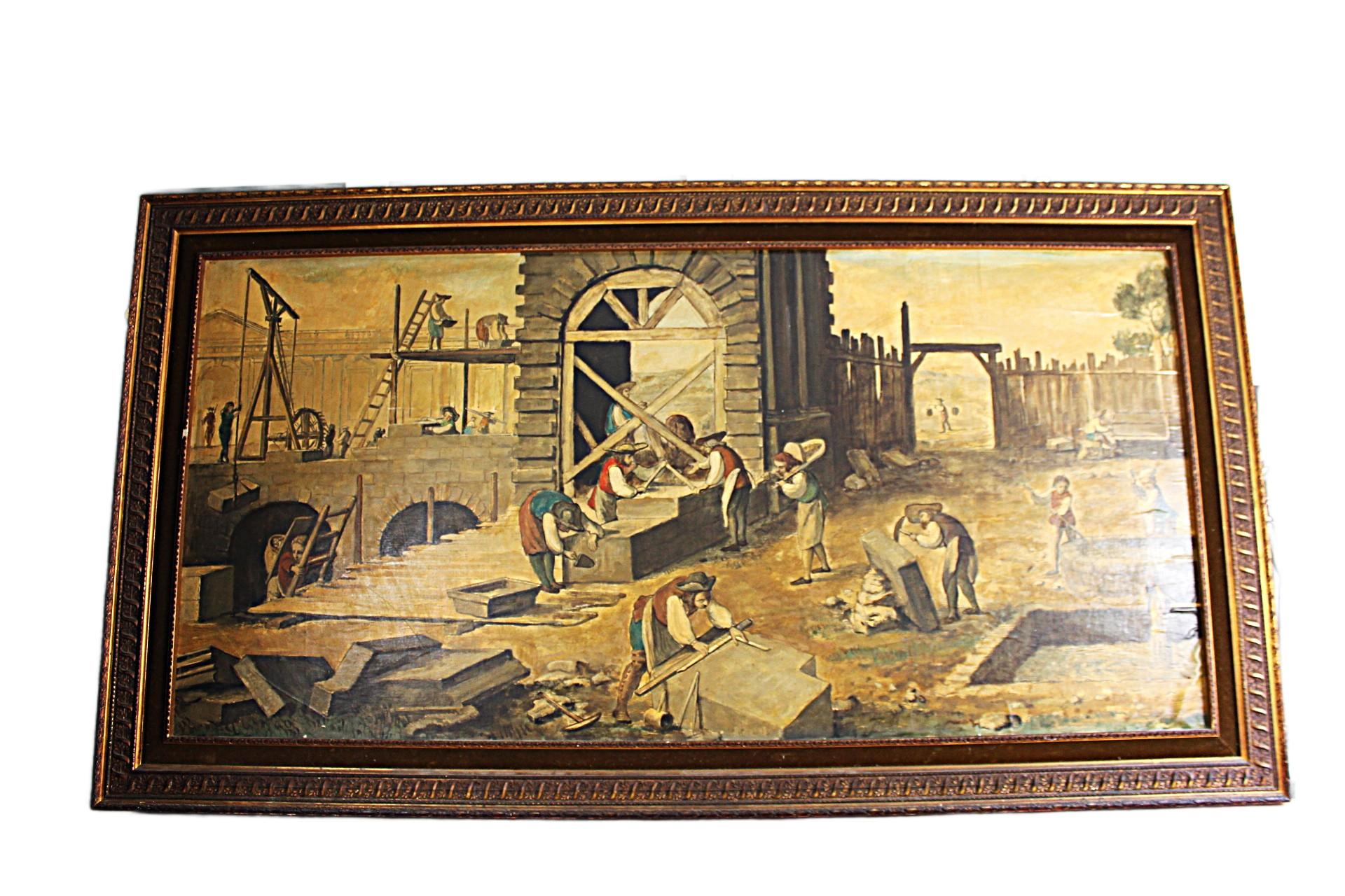 Après J.R. Lucotte - Les tailleurs de pierre au travail
Supports : Huile sur papier
Dimensions : 178 cm x 210 cm
Date : 20e siècle
Attribution : D'après Jacques-Raymond Lucotte (1733-1804)

Cette peinture à l'huile d'une taille et d'une précision