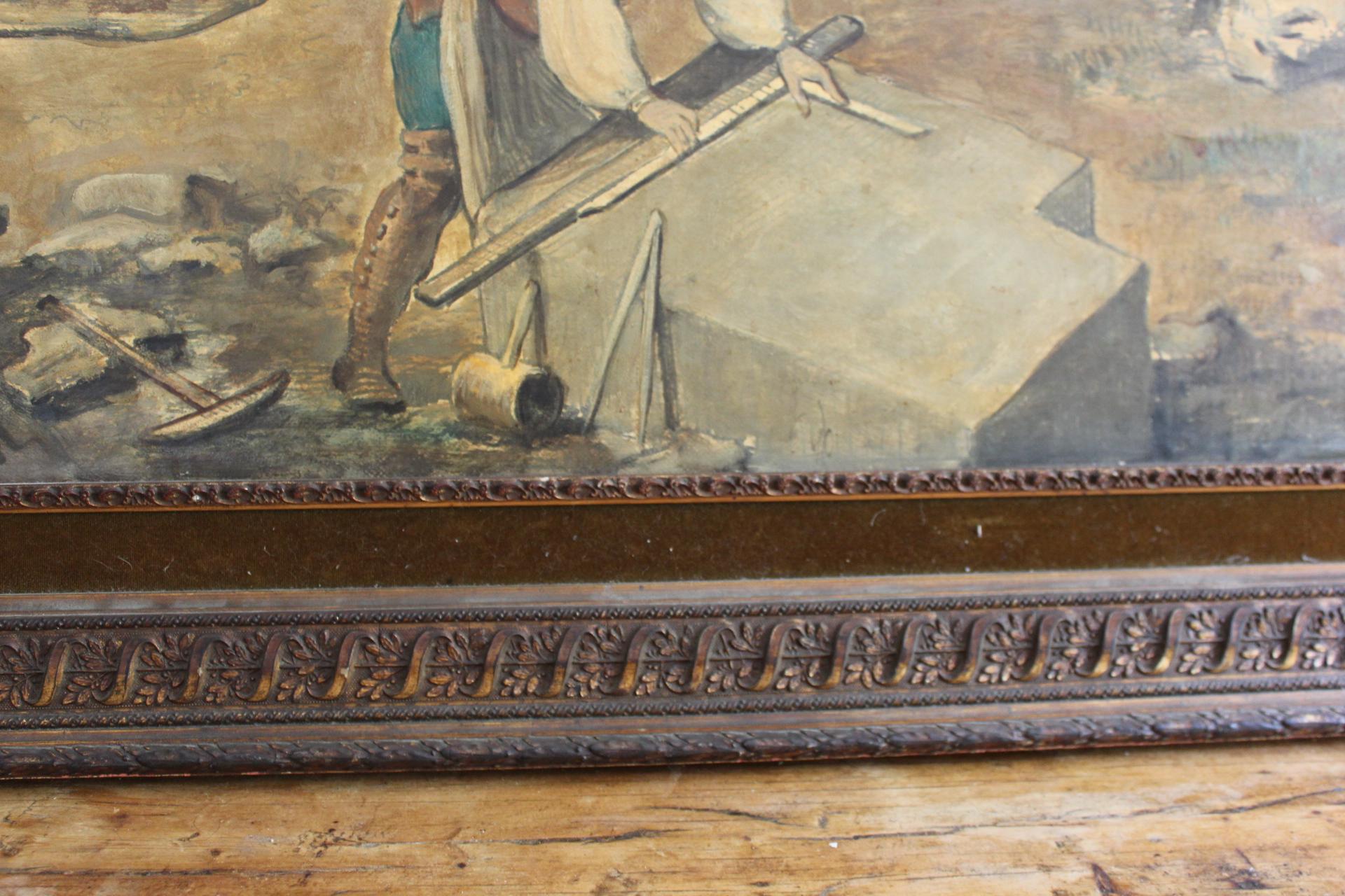 Français Après J.R. Lucotte - Tailleur de pierre au travail huile sur papier en vente