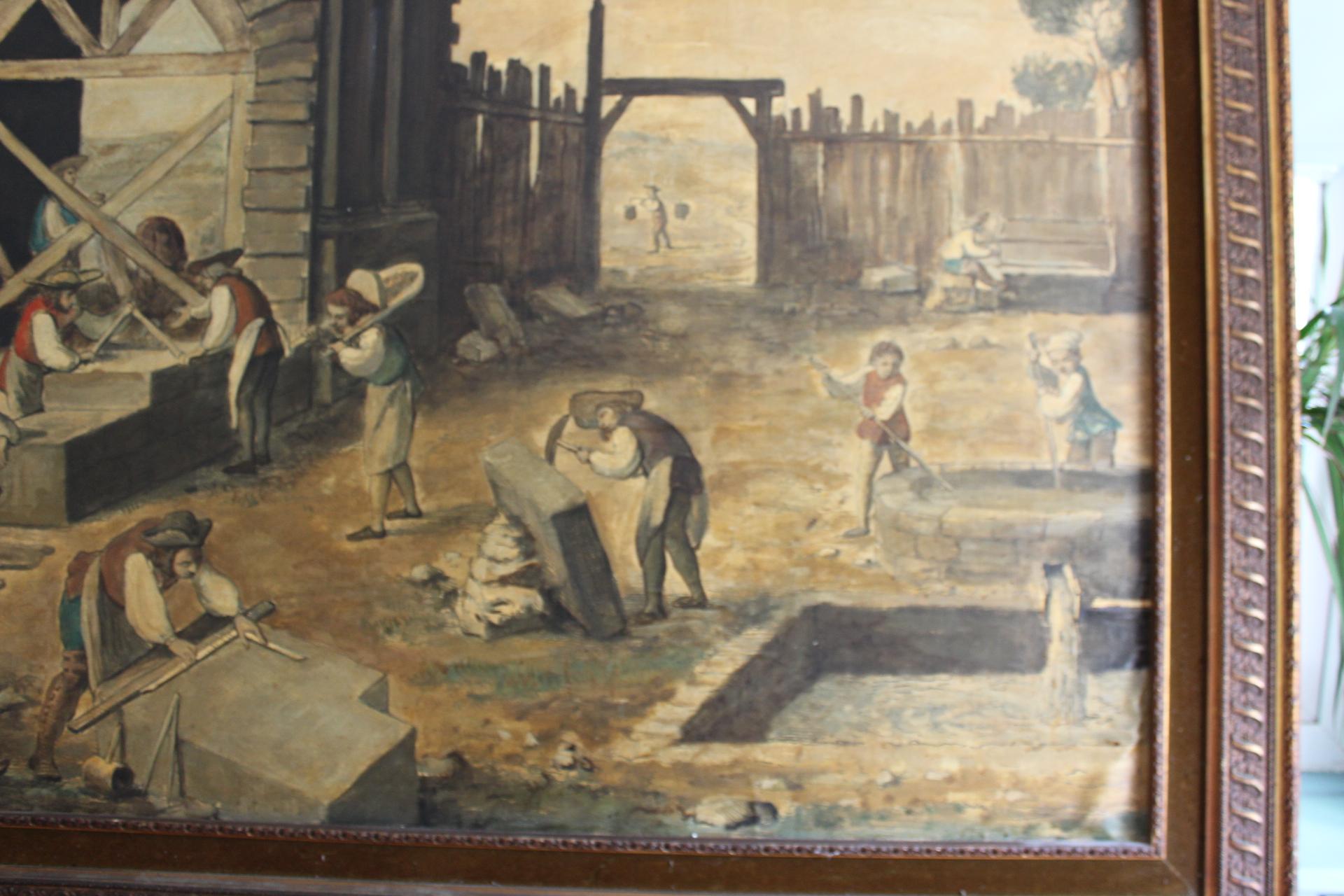 Peint à la main Après J.R. Lucotte - Tailleur de pierre au travail huile sur papier en vente