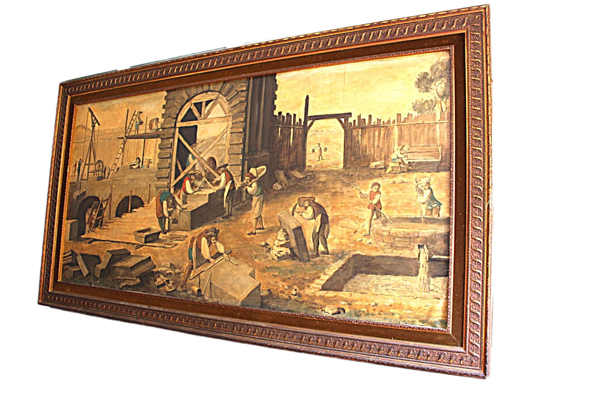Après J.R. Lucotte - Tailleur de pierre au travail huile sur papier en vente 1