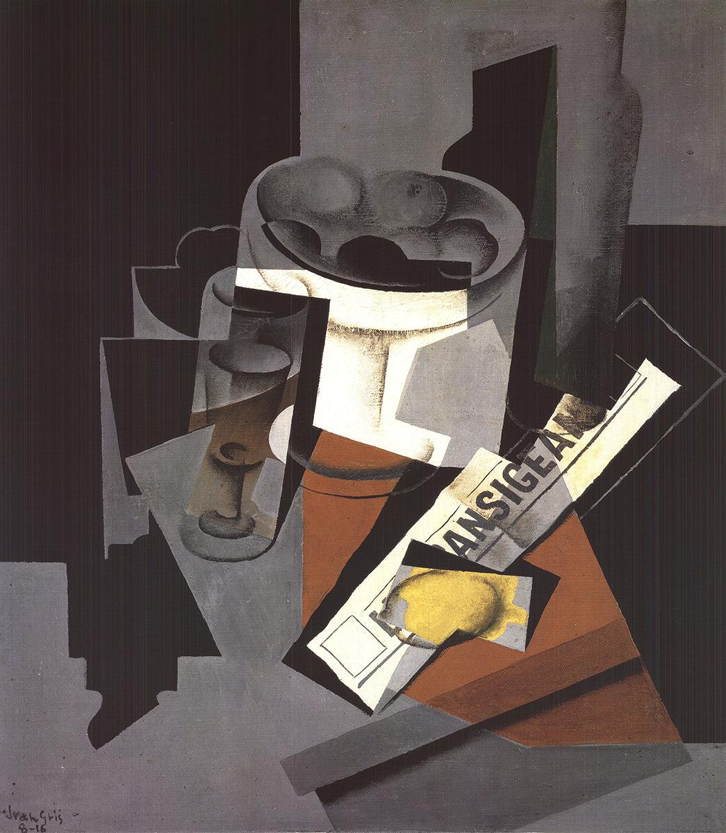 Diese Offset-Reproduktion des Stilllebens mit Zeitung von Juan Gris wurde von Graphique de France herausgegeben und vertrieben. Sie gibt die geometrische Klarheit und die raffinierte tonale Struktur des reifen kubistischen Stils von Gris getreu