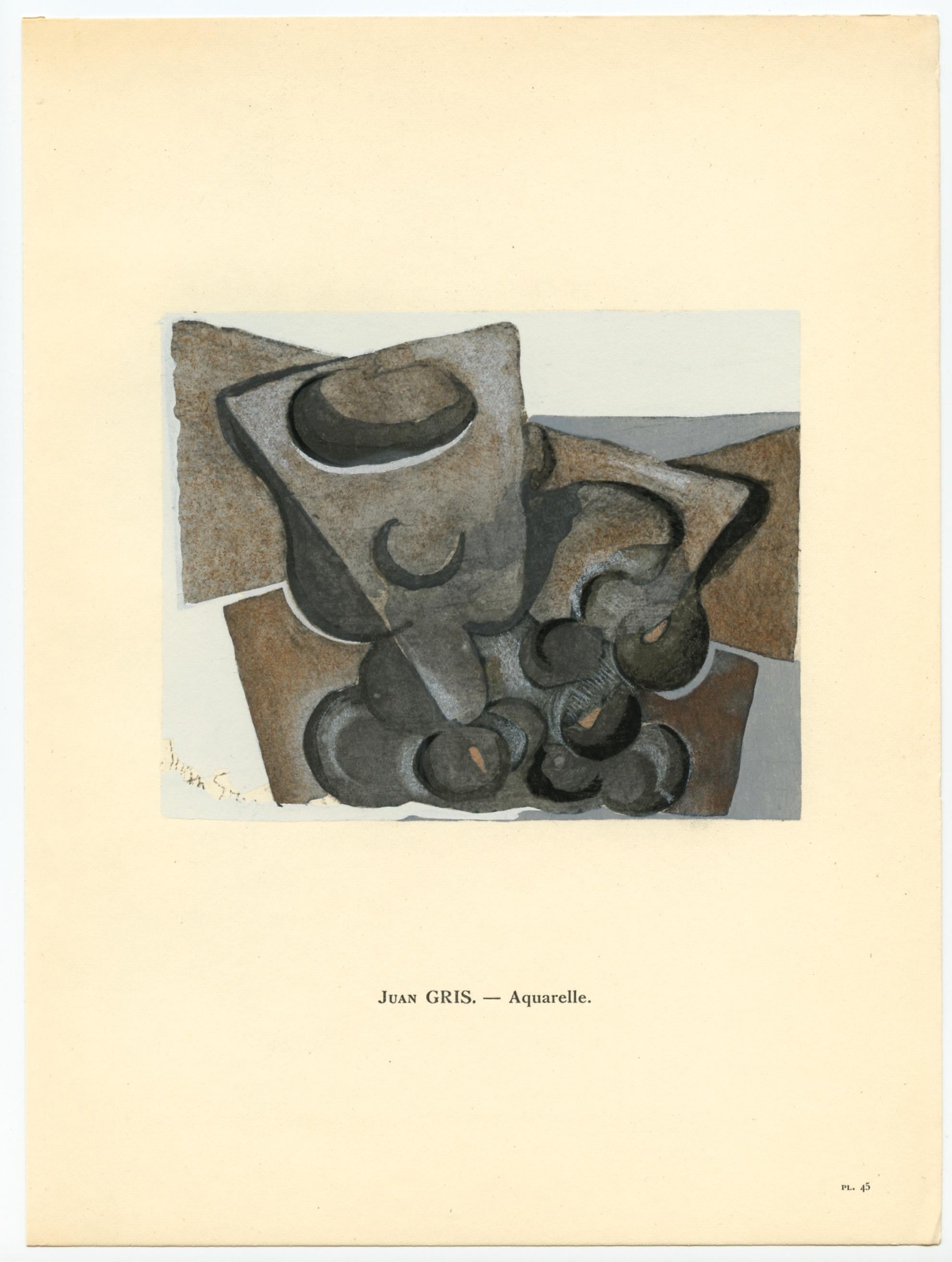 Medium: pochoir (after the watercolor). Printed in Paris in 1929 at the atelier of Daniel Jacomet for L'Art Cubiste. Image size: 4 1/2 x 5 1/2 inches (112 x 140 mm). A text inscription beneath the image identifies the artist. Signed in the plate