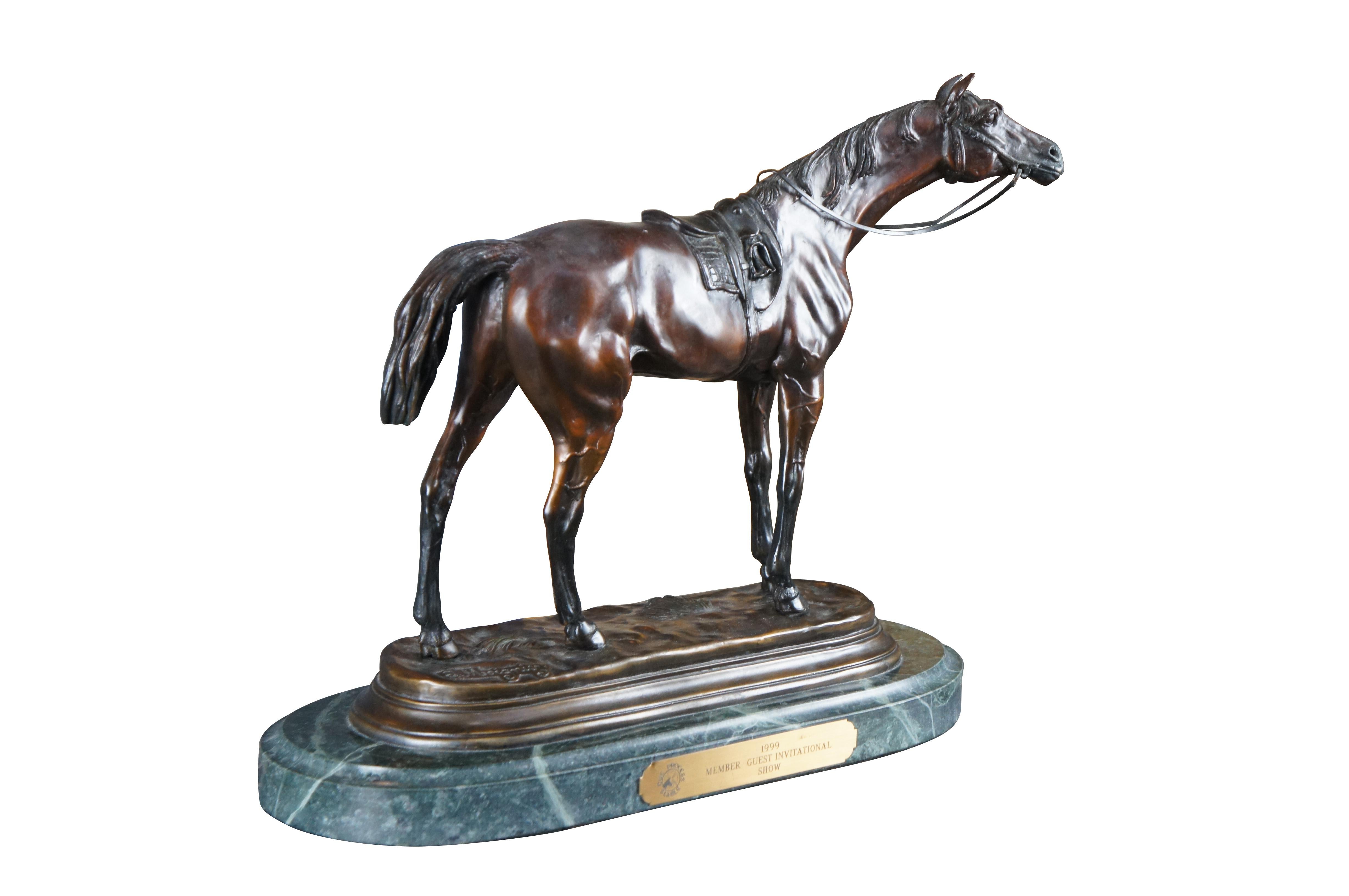 After Jules Moigniez French Bronze Saddled Race Horse Sculpture Statue Marble 16 In Good Condition For Sale In Dayton, OH