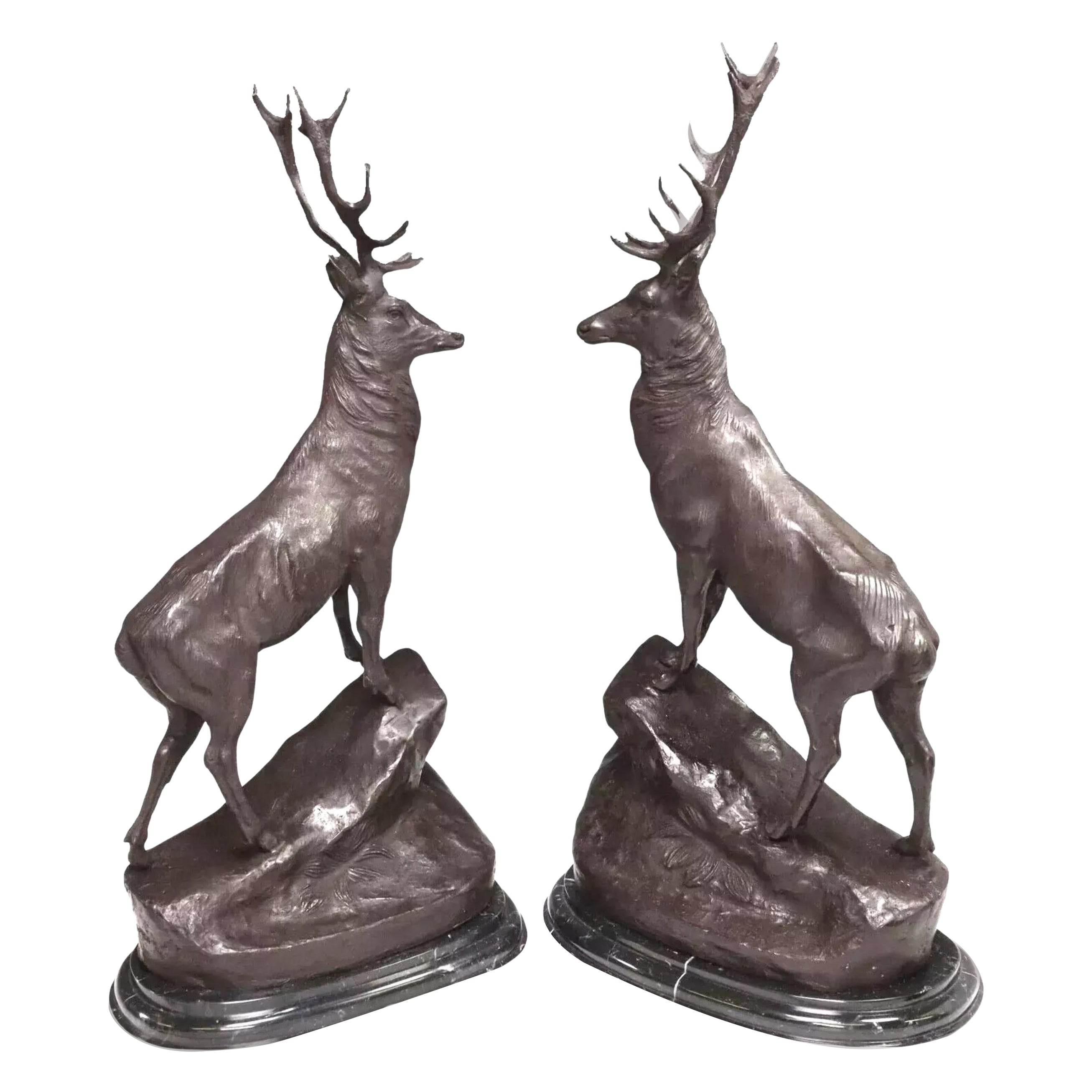 Nach Jules Moigniez, Patiniert, Französisch, Bronze Hirsch  Skulpturen, 2er-Set!