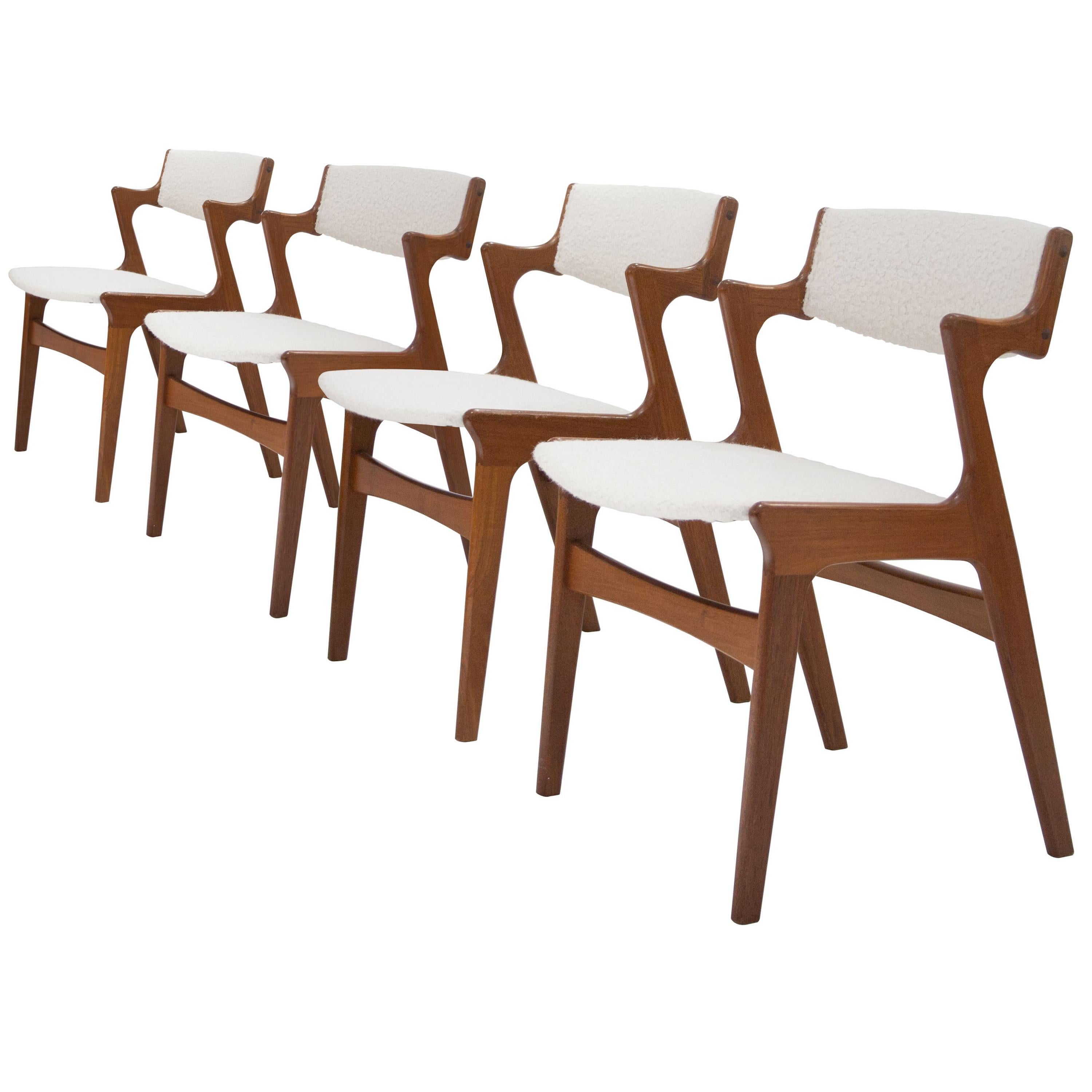 After Kai Kristiansen Teak Wool Bouclé Set of 4 Dining Chairs, Denmark, 1960
