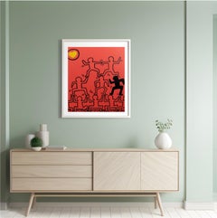 1990s Abstract Keith Haring Style Acrylic on Canvas Red Painting
