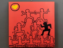 1990s Abstract Keith Haring Style Acrylic on Canvas Red Painting