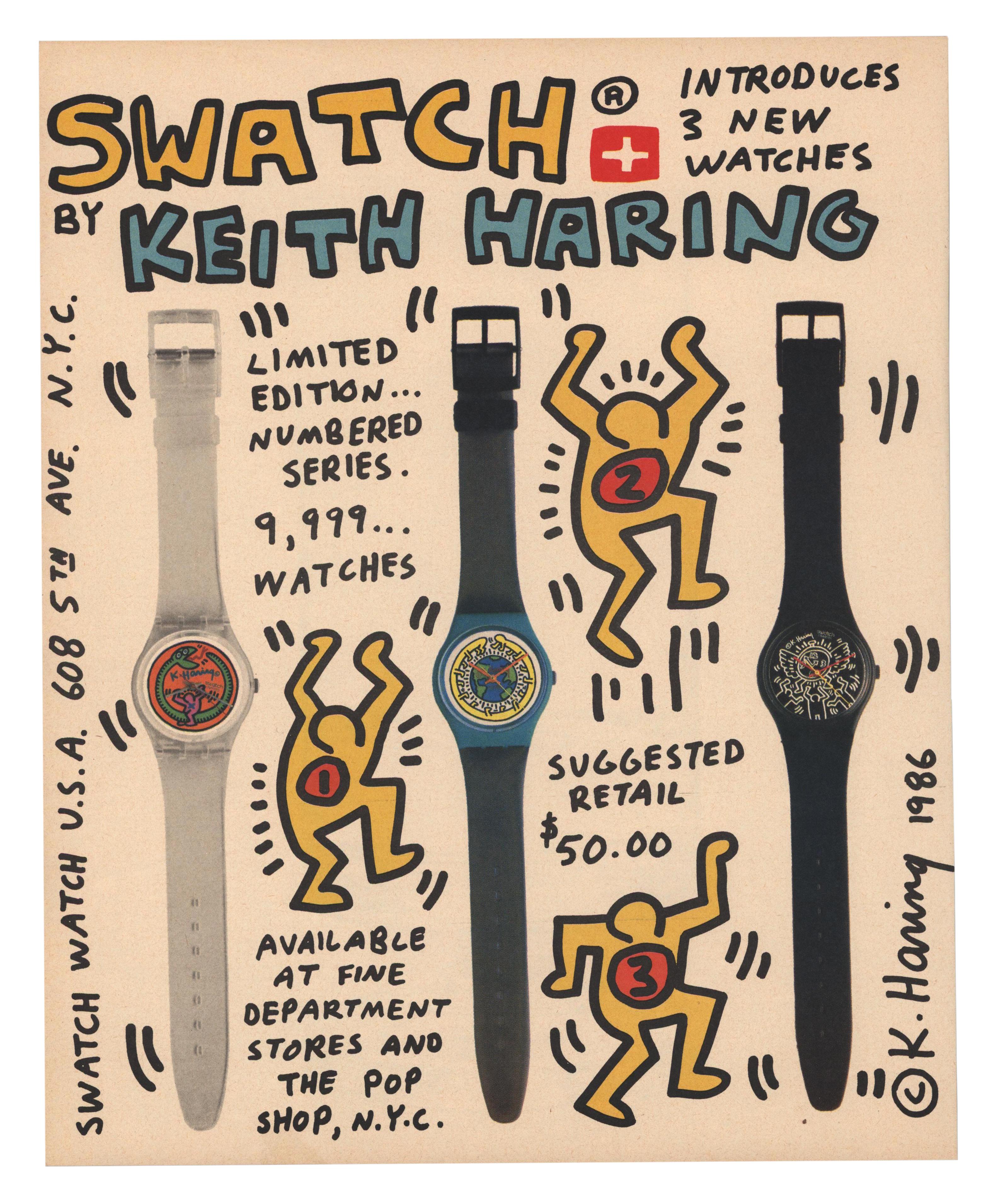 1980s/1990s Keith Haring ephemera collection: 
A collection of 20+ Keith Haring ephemera pieces ranging mostly from 1982 to circa mid-1990s. Highlights include a 1980's Haring designed Swatch ad; 1980s Keith Haring Pop Shop stickers; 1990s Keith