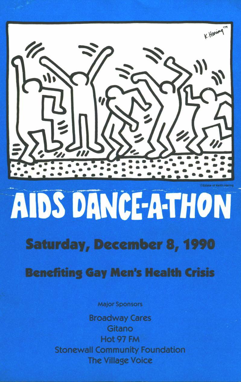 Keith Haring AIDS Dance-A-Thon New York City, 1990 :
Rare carte d'annonce/programme de 1990 pour le AIDS Dance-A-Thon - une initiative de collecte de fonds au profit de la Gay Men's Health Crisis. Le AIDS Dance-A-Thon a été organisé au début des