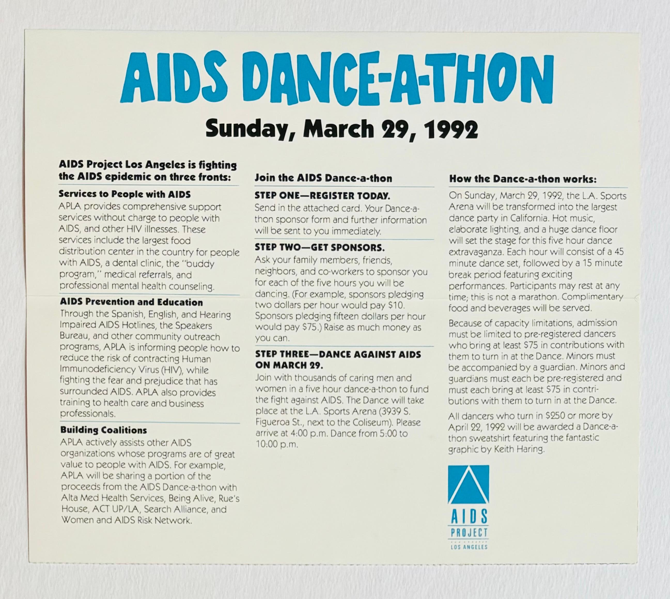 Keith Haring AIDS Dance-A-Thon Los Angeles, CA 1992:

Rare early 1990s Keith Haring foundation sponsored event poster - published on the occasion of AIDS Dance-A-Thon - ' A five-hour fundraising dance extravaganza benefiting Aids Project Los