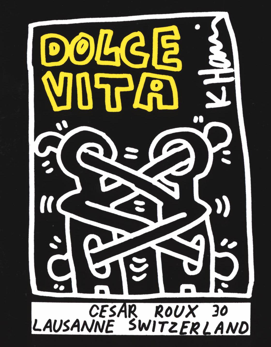 Dolce Vita-Ankündigung von Keith Haring, 1991 (Keith Haring, Schweiz) (Schwarz), Nude Print, von (after) Keith Haring