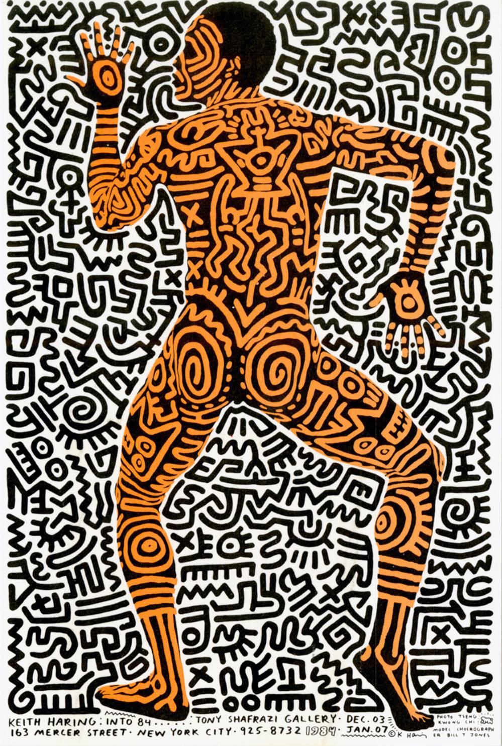 (after) Keith Haring Nude Print - Keith Haring Into 84 (Haring Bill T. Jones Shafrazi announcement card 1983)  