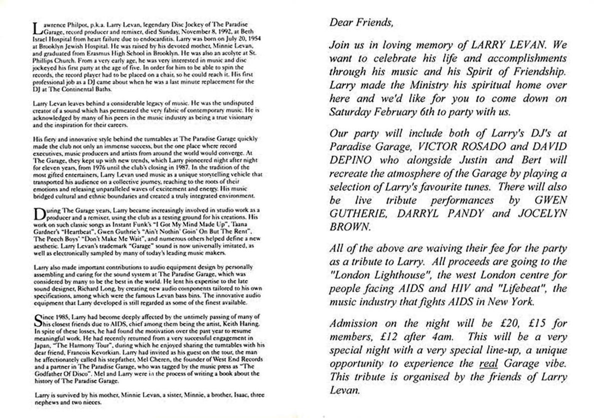 Keith Haring Larry Levan 1992: 
Seltene und gesuchte Gedenkeinladung für den legendären DJ Larry Levan mit Offset-Grafiken von Keith Haring. Die Veranstaltung fand in Londons bahnbrechendem und geschichtsträchtigem Tanzclub Ministry of Sound statt -