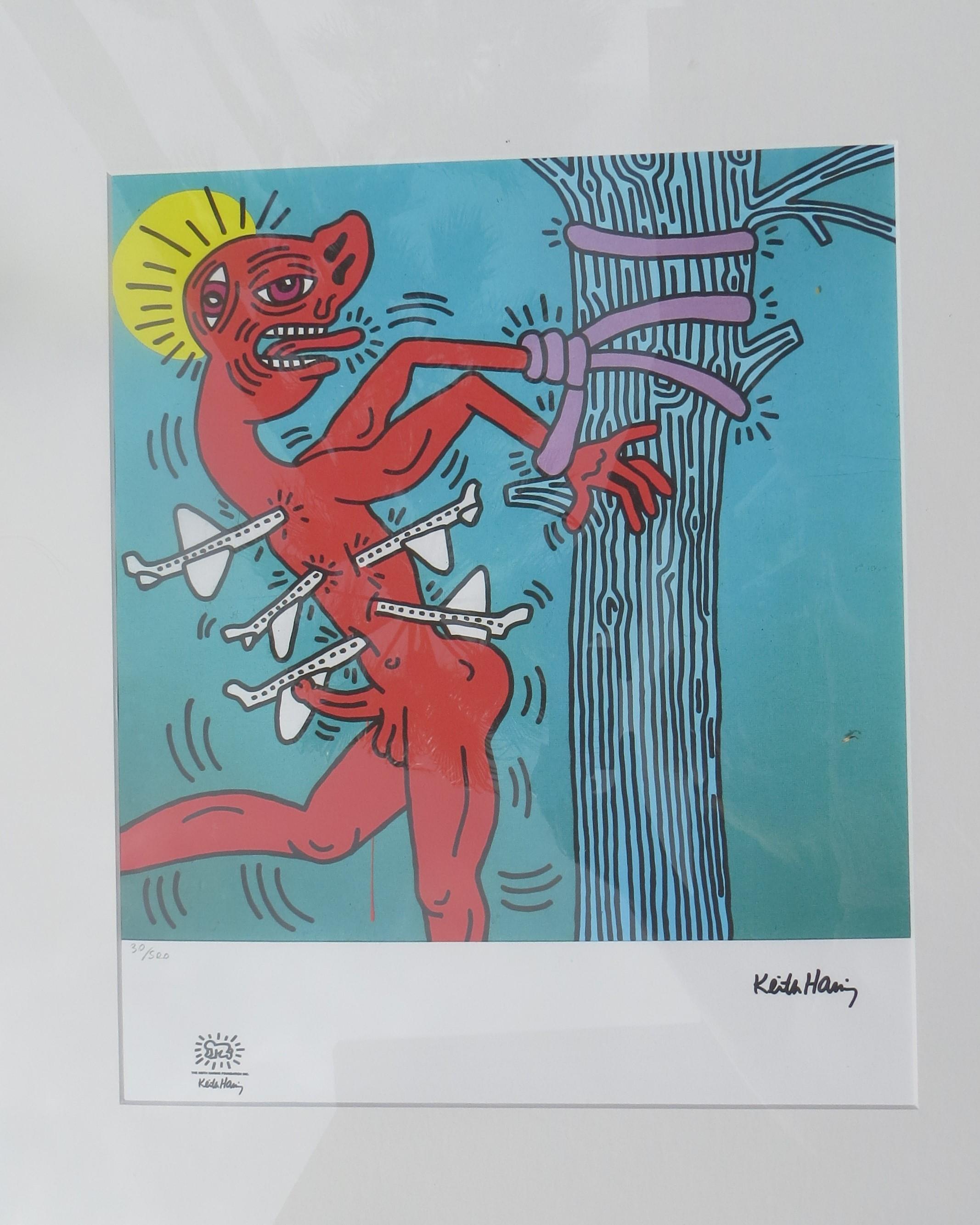 F, Keith Haring, Limited Edition of 500, number 30.
Artwork lithograph prints by Keith Haring Foundation, numbered with embossed stamp.
The image features the world famous American Pop artist and social activist Keith Haring in an iconic signature