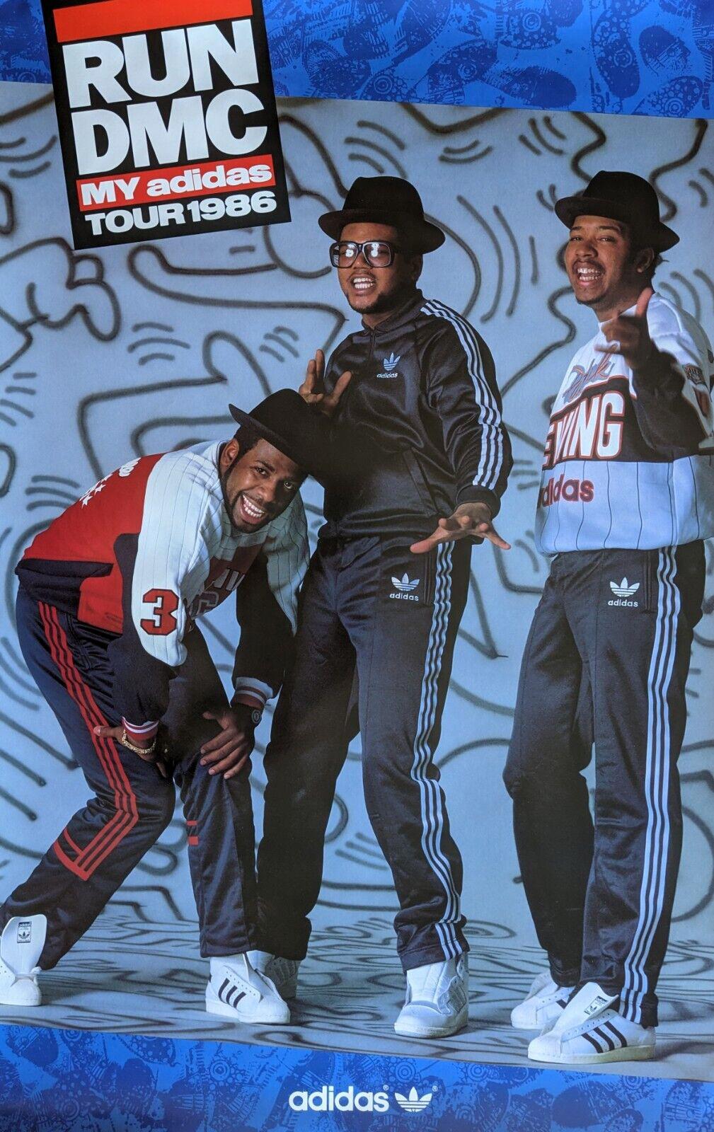 Keith Haring Run DMC Adidas Poster 1986:
Rare original Keith Haring illustrated Run DMC promotional poster published in collaboration with Adidas and Keith Haring. The New York based band Run DMC was one of the first hip-hop and rap bands to reach a
