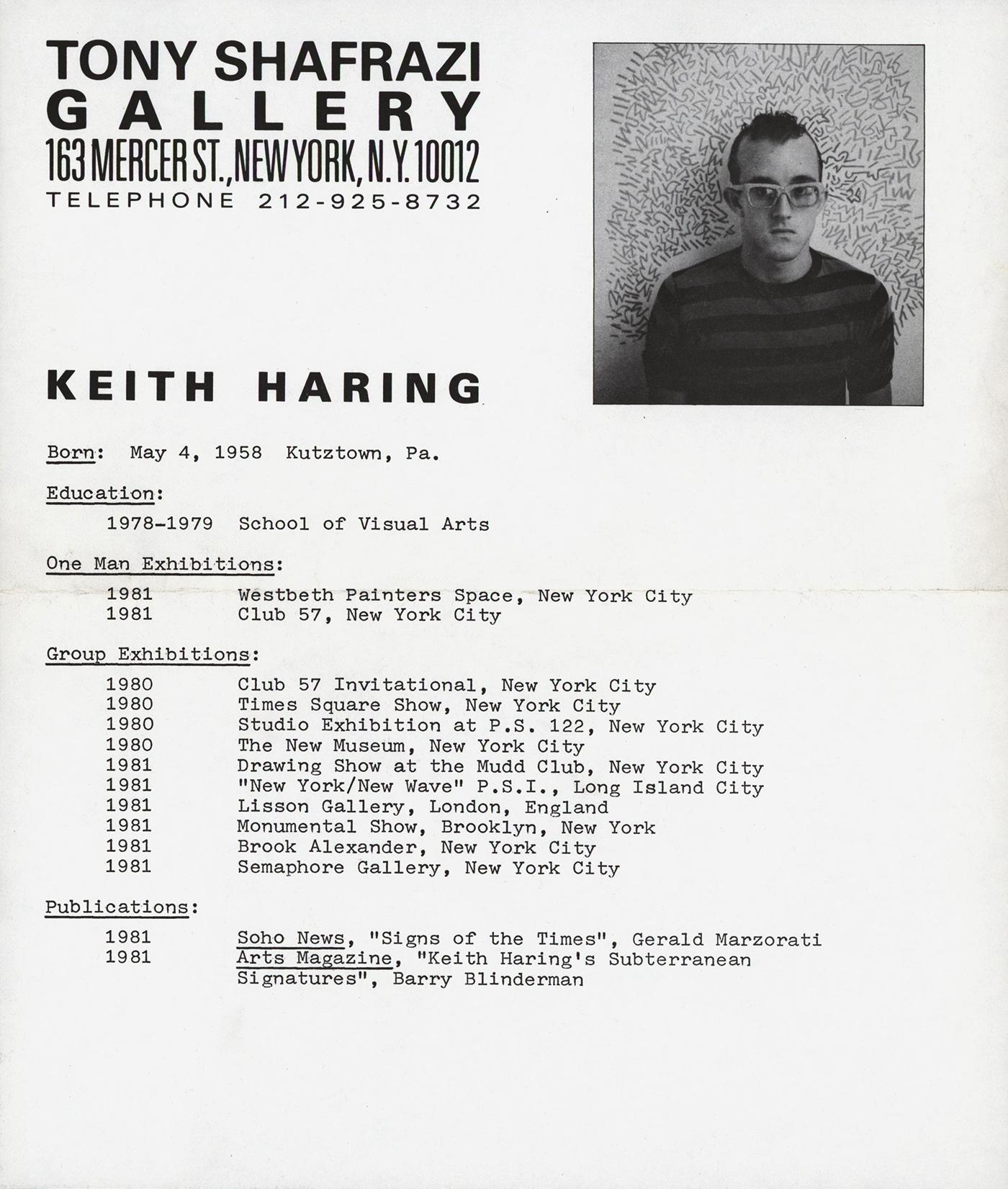 Keith Haring Tony Shafrazi gallery 1982 (Keith Haring resume) - Print by (after) Keith Haring