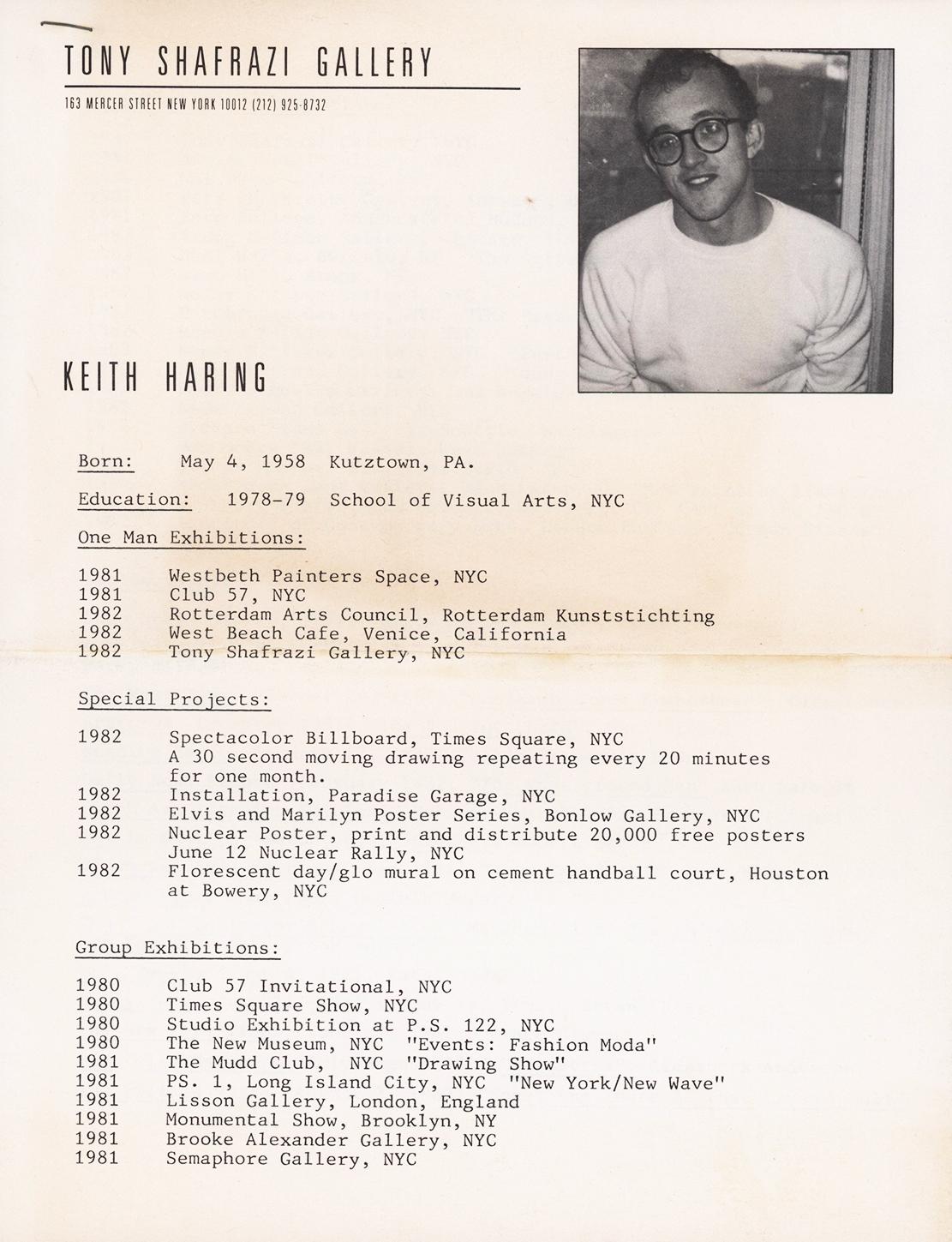 Keith Haring Tony Shafrazi galería curriculum vitae