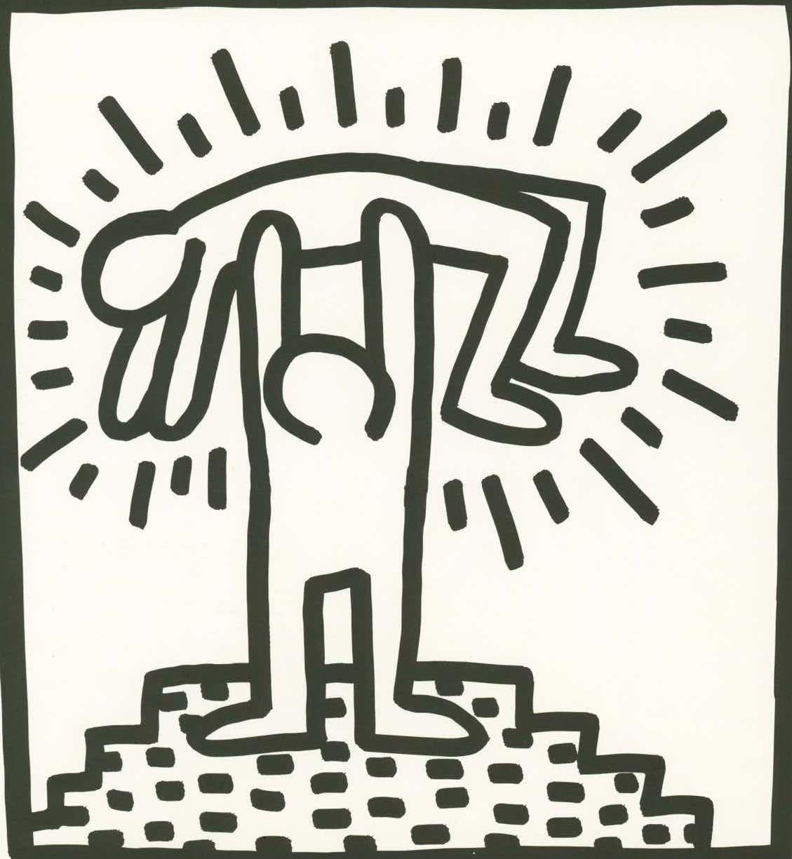 Keith Haring (untitled) Dolphin lithograph 1982:

Double-sided lithographic sheet published by Tony Shafrazi Gallery, 1982 from the seminal spiral bound, early monograph showcasing Haring's work. 

Offset lithograph; 9 x 9 inches.
Very good overall