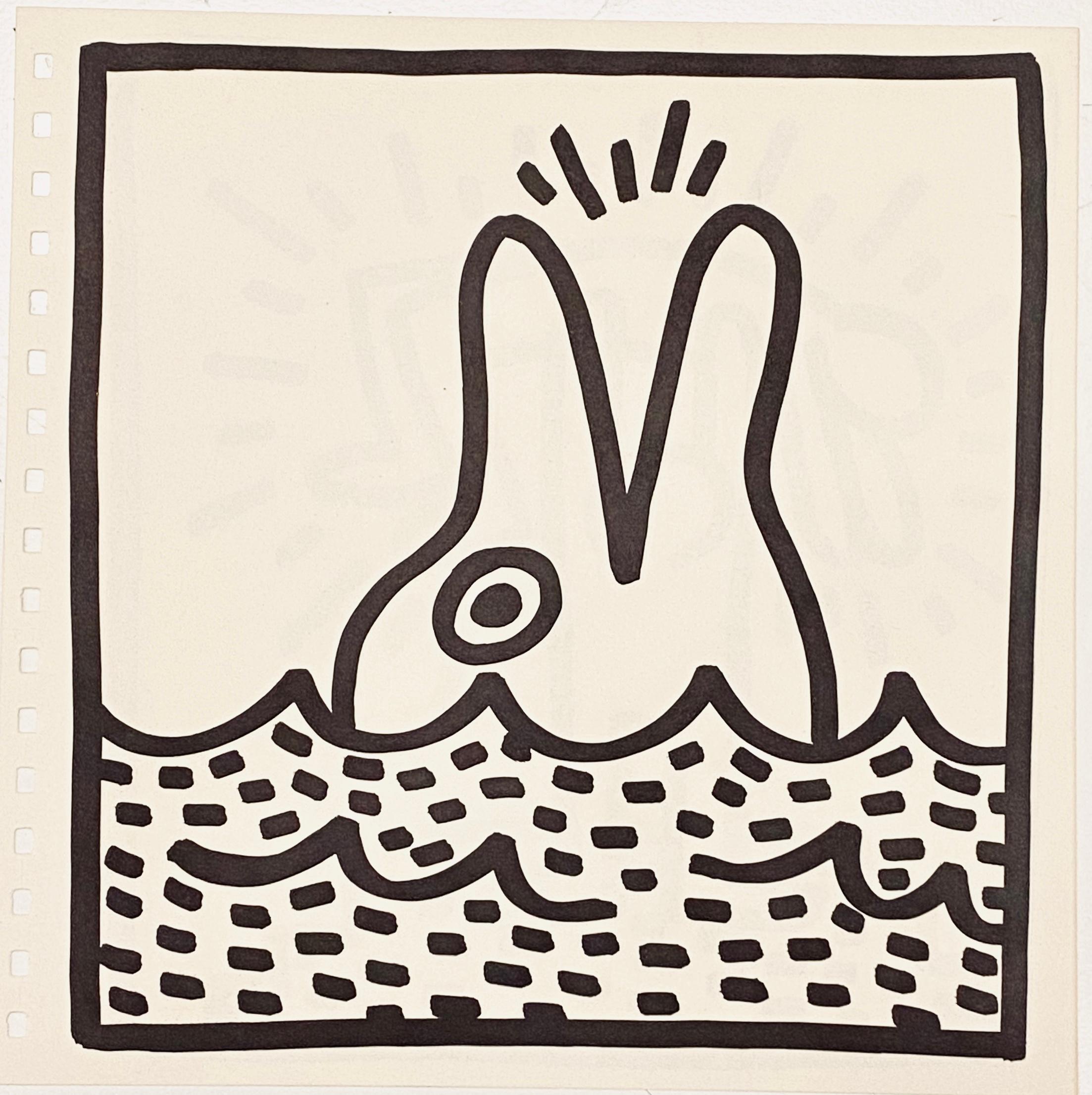 Keith Haring (untitled) figurative lithograph 1982:
Double-sided lithographic insert from the seminal spiral bound, 1982 Keith Haring exhibition catalog published by Tony Shafrazi Gallery New York.

Offset lithograph; 9 x 9 inches.
Condition: minor