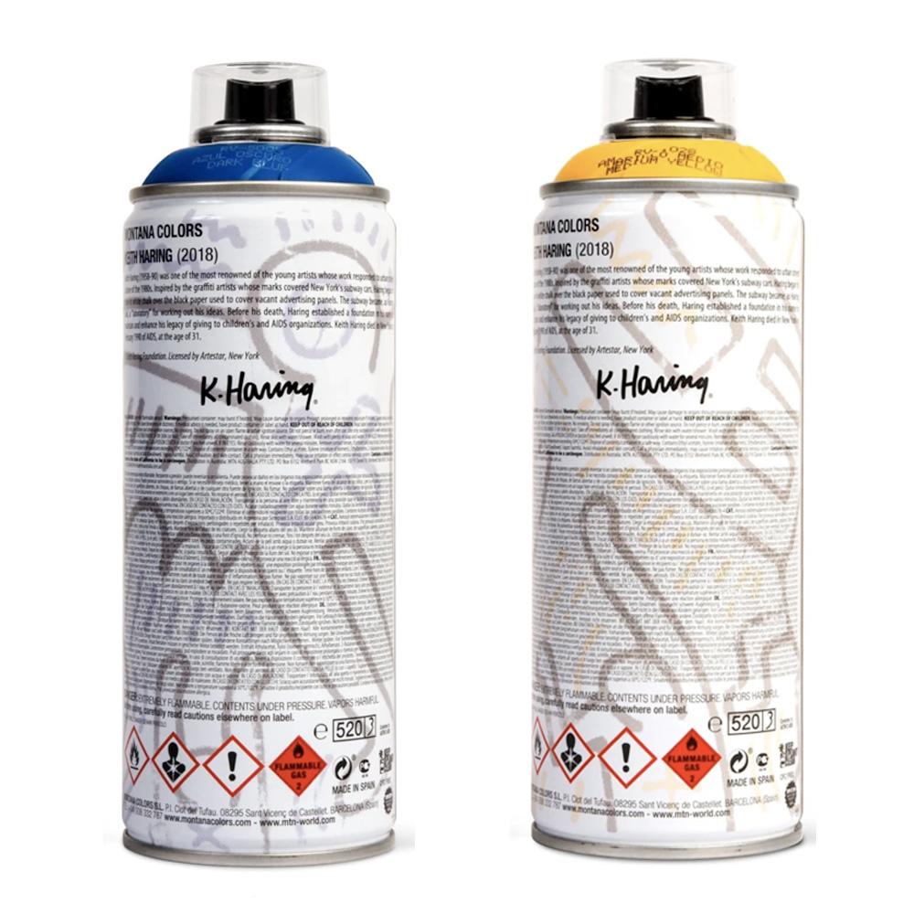 Limitiertes Keith Haring Sprühlackset (4 Stück); veröffentlicht ca. 2018 mit der Nachlassmarke von Keith Haring. Ein einzigartiges Haring-Sammlerstück, das ein fantastisches Keith-Haring-Display-Set darstellt.

Medium: Offset-Lithografie auf 4