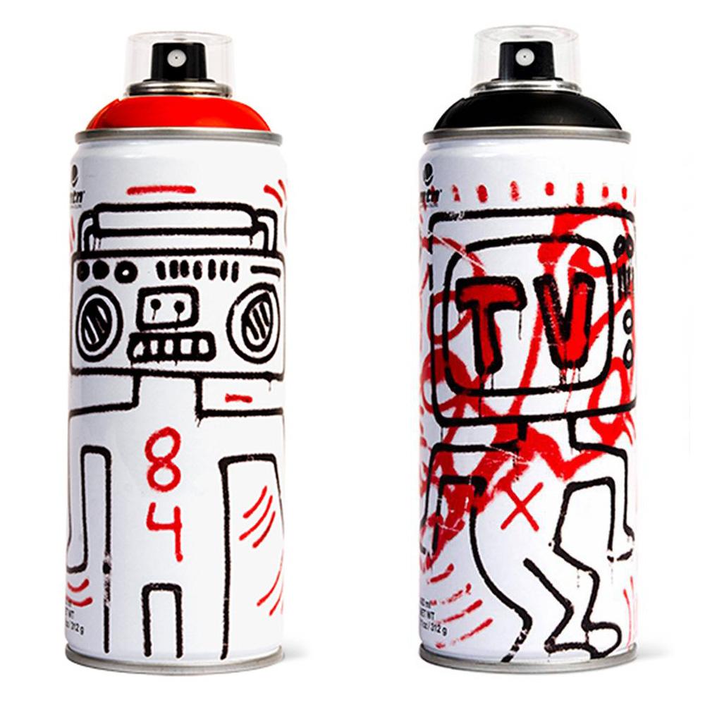 Limited Edition Keith Haring spray paint set of 4; published circa 2018 featuring the Estate trademark of Keith Haring. A unique Haring collectible that makes for a fantastic Keith Haring display set.

Medium: Off-set lithograph on 4 individual