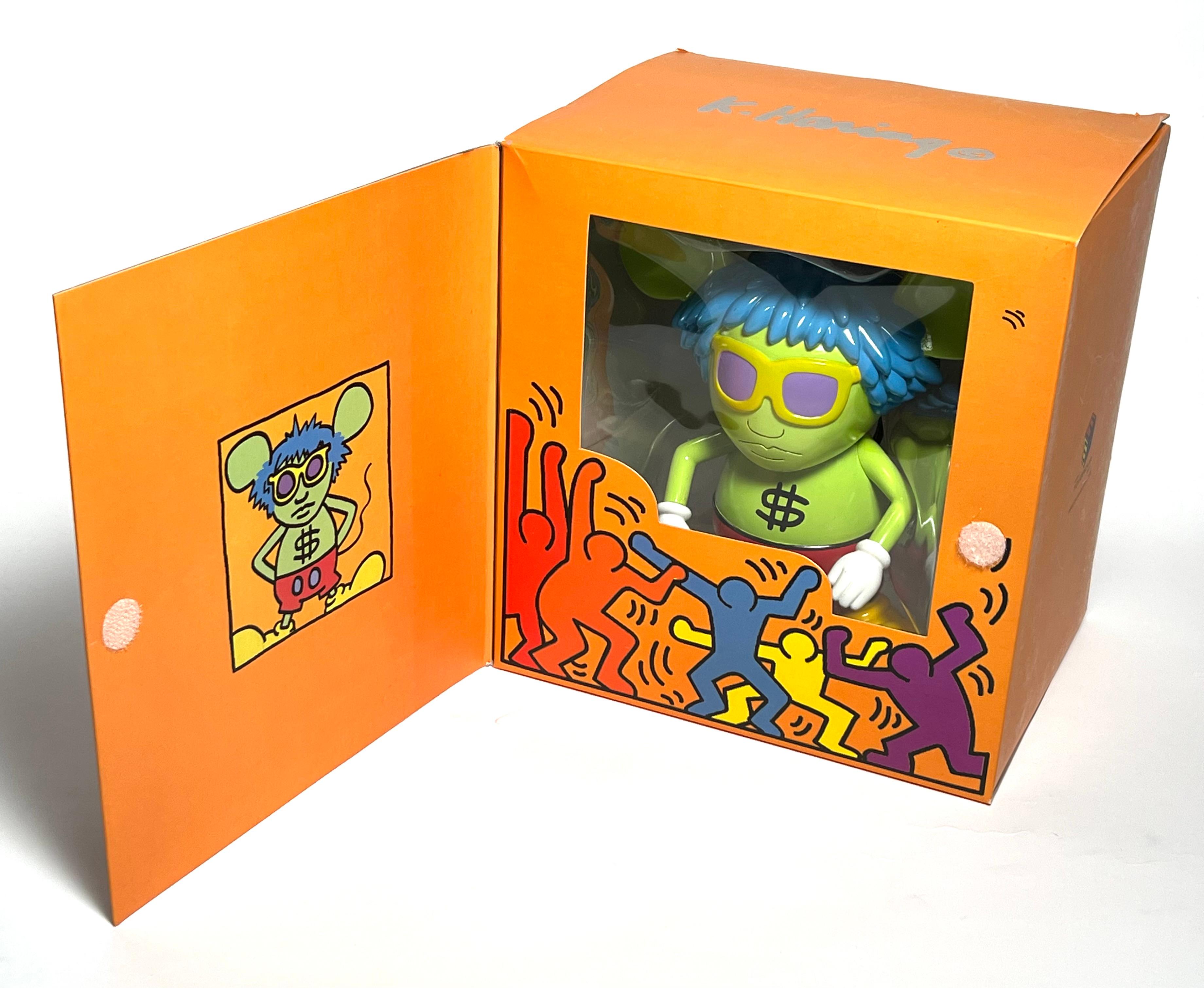 Keith Haring Andy Mouse art toy:
This rare vintage, limited edition Keith Haring Andy Mouse art toy was published in 2005 & is licensed by the Estate of Keith Haring. The collectible reveals Keith Haring's 'Andy Mouse' artwork from the mid 1980s and