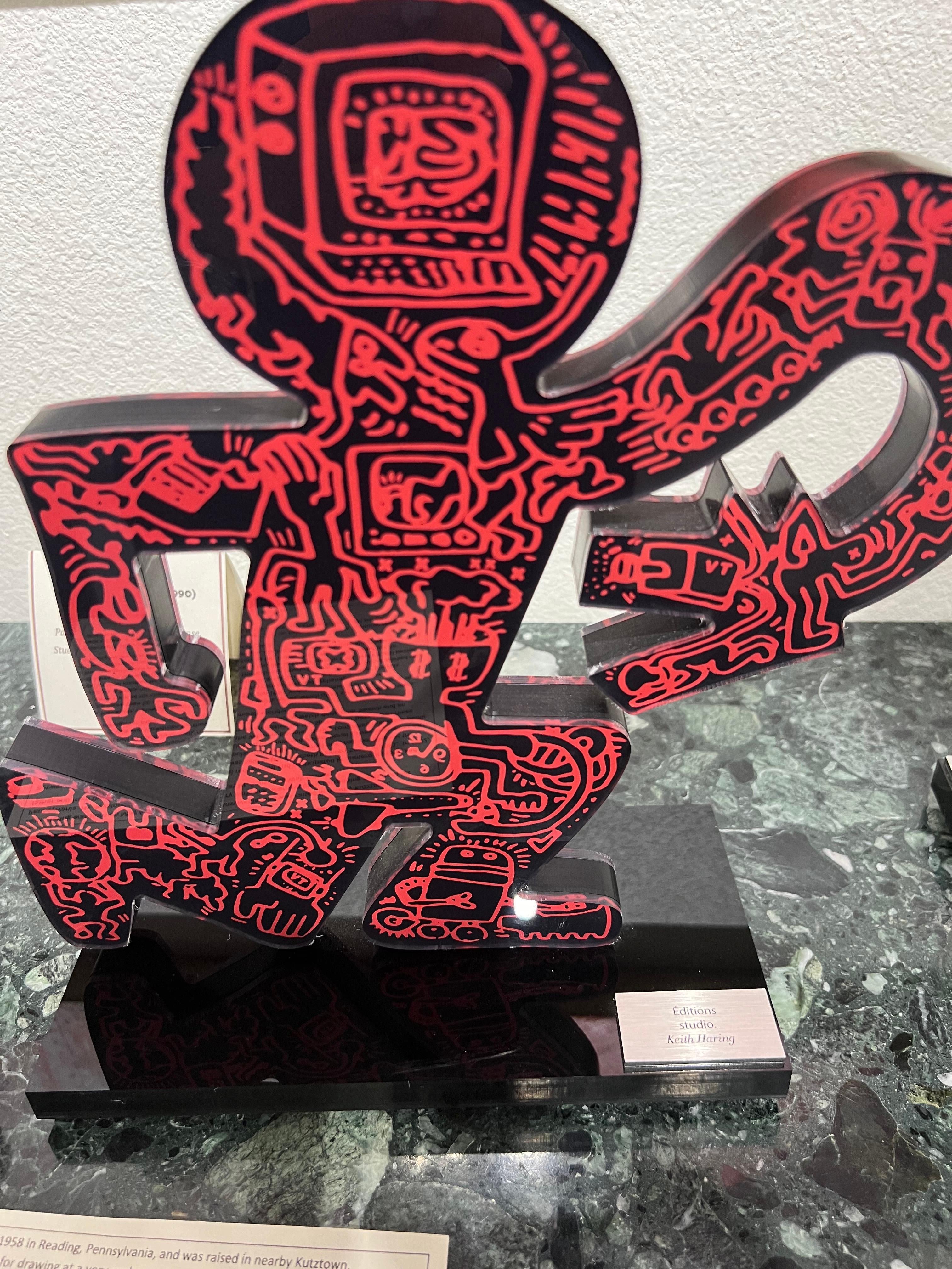 Edition : 42/50
 Man with Snake est une sculpture dynamique et vibrante de Keith Haring, réalisée en plexiglas, un type de matériau acrylique connu pour sa transparence et sa durabilité. L'œuvre illustre le style caractéristique de Haring,
