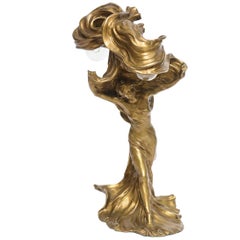 Nach Loïe Fuller die Tänzerin Vergoldete Bronzefigur Tischlampe von Raoul Larche