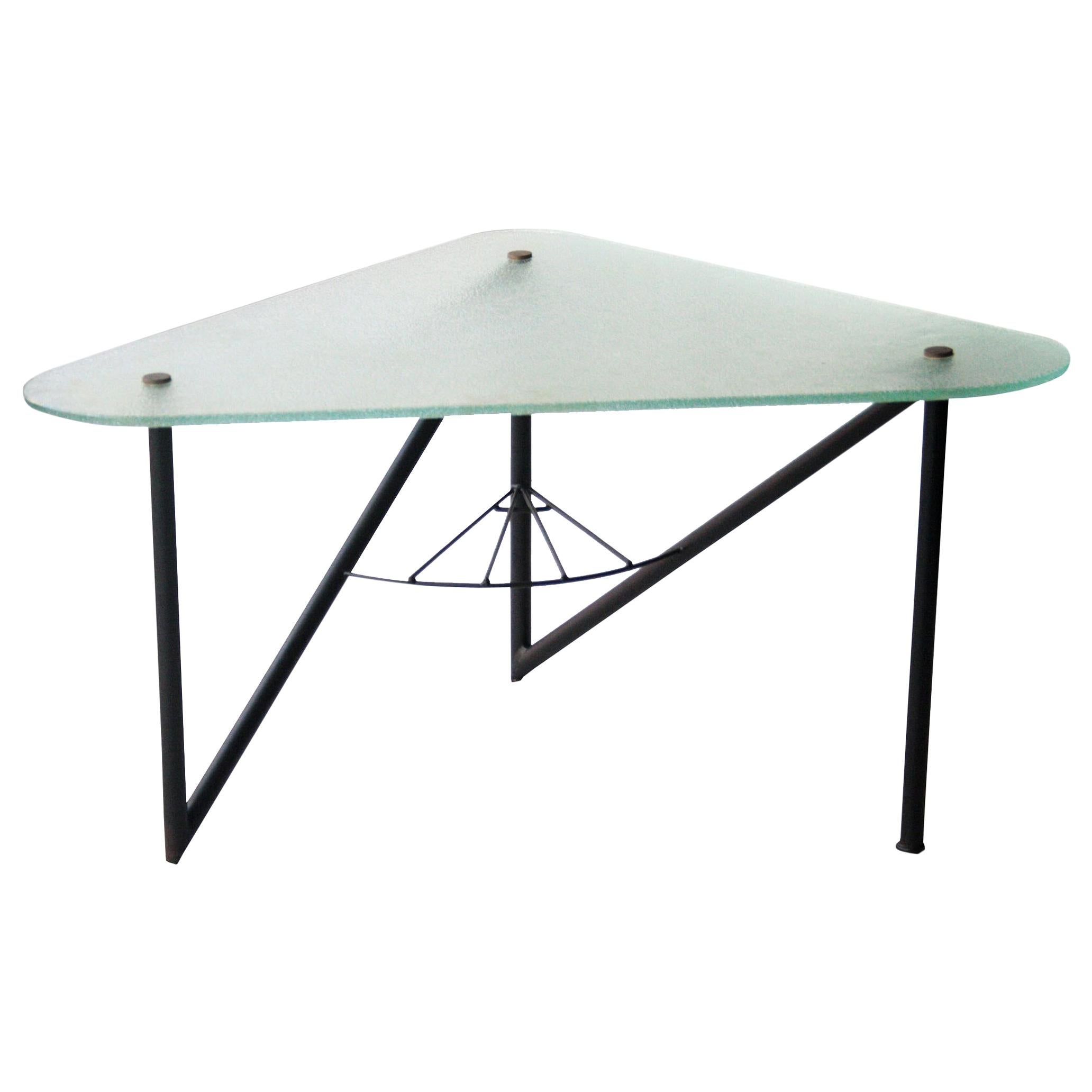After Louis Sognot Triangular Metal Frossted Glass French Coffee Table, 1950