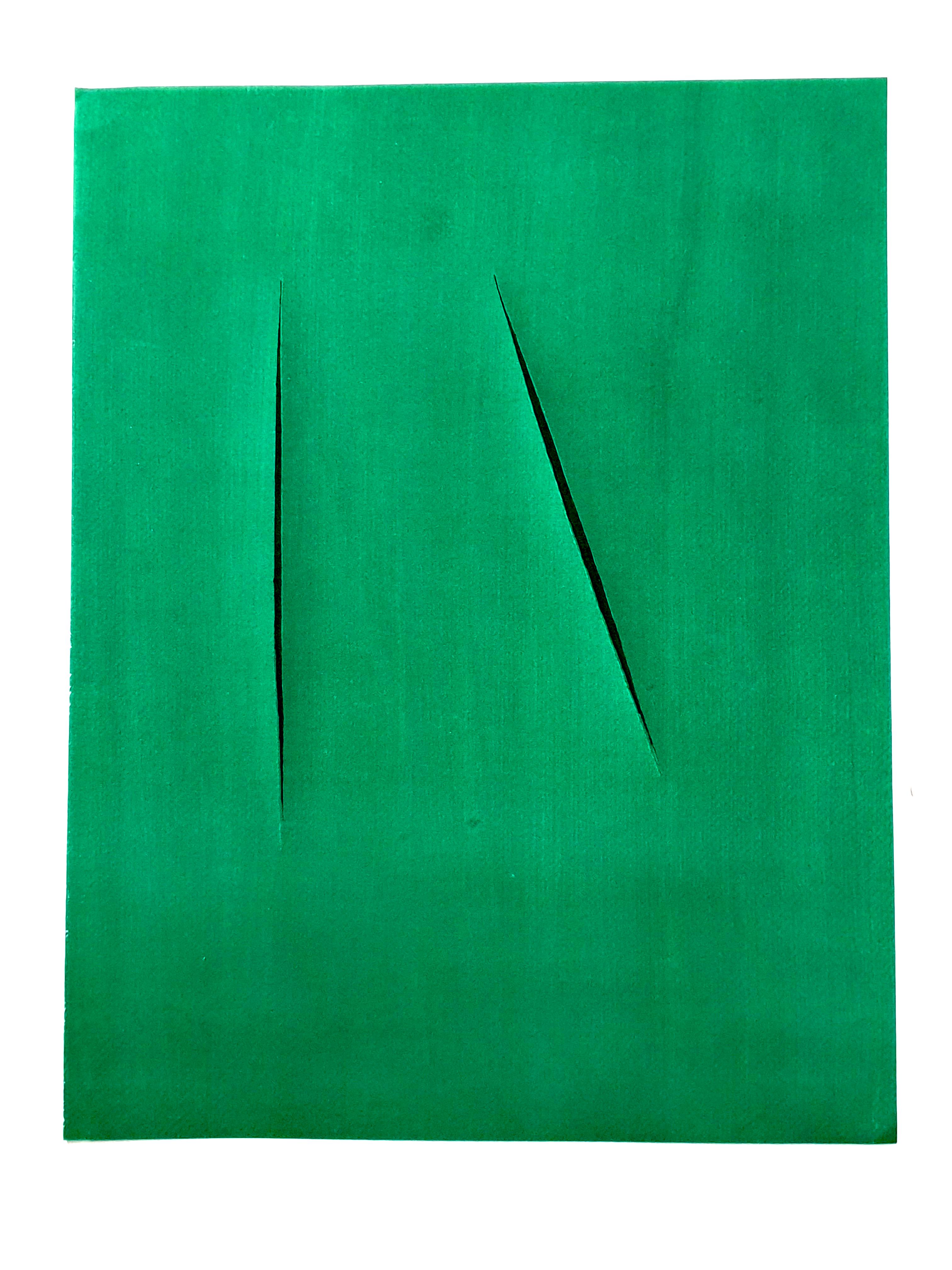 (after) Lucio Fontana - Composition - Pochoir
Published in the deluxe art review, XXe Siecle
1959
Dimensions: 32 x 24 cm 
Publisher: G. di San Lazzaro.

Lucio Fontana
Lucio Fontana was born in 1899 in Rosario de Santa Fe (Argentina). His father was
