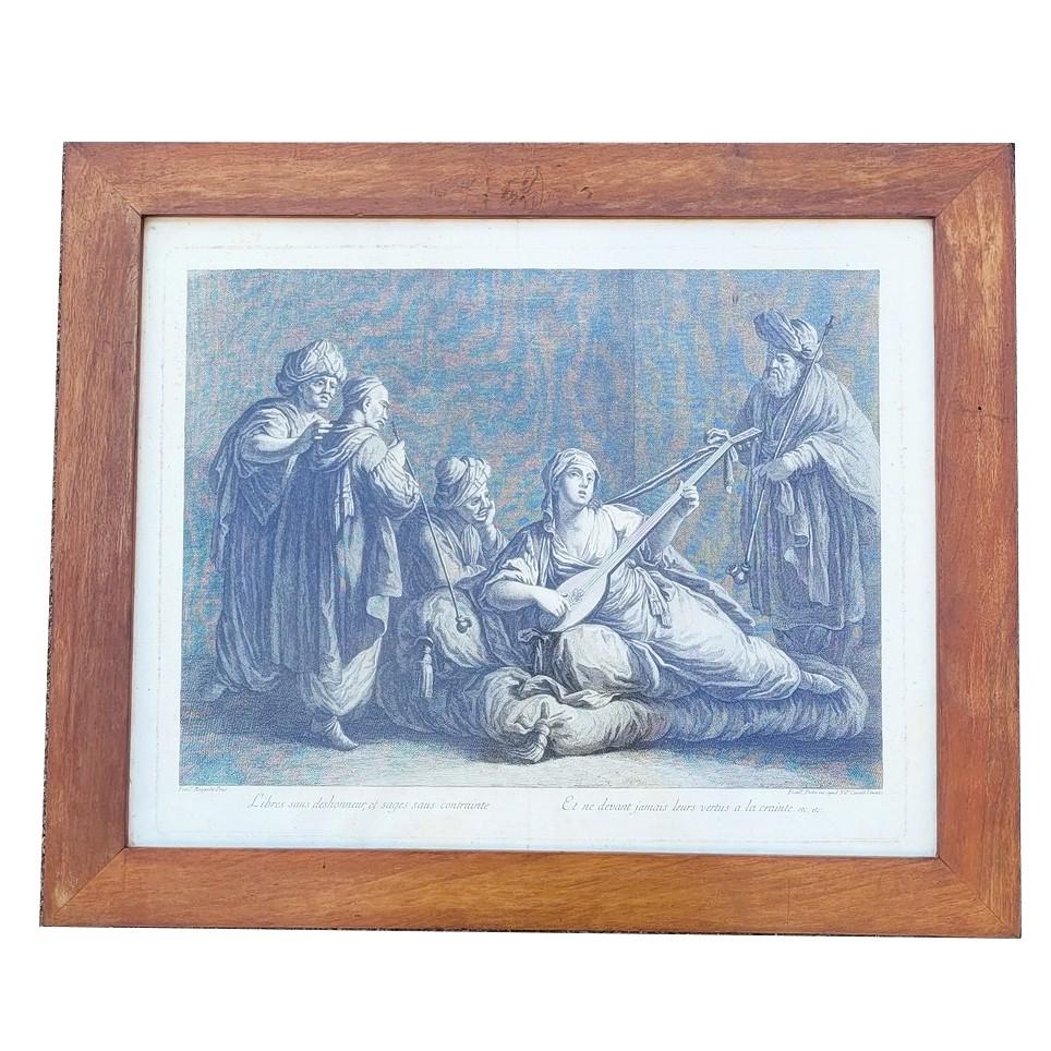 Pair of framed engravings, illustrating Voltaire's play, Zaire.   

The first scene shows a young woman playing the lute, the second men playing music and dancing.  
They illustrate the alexandrines of scene 1 act 1 of the play: 