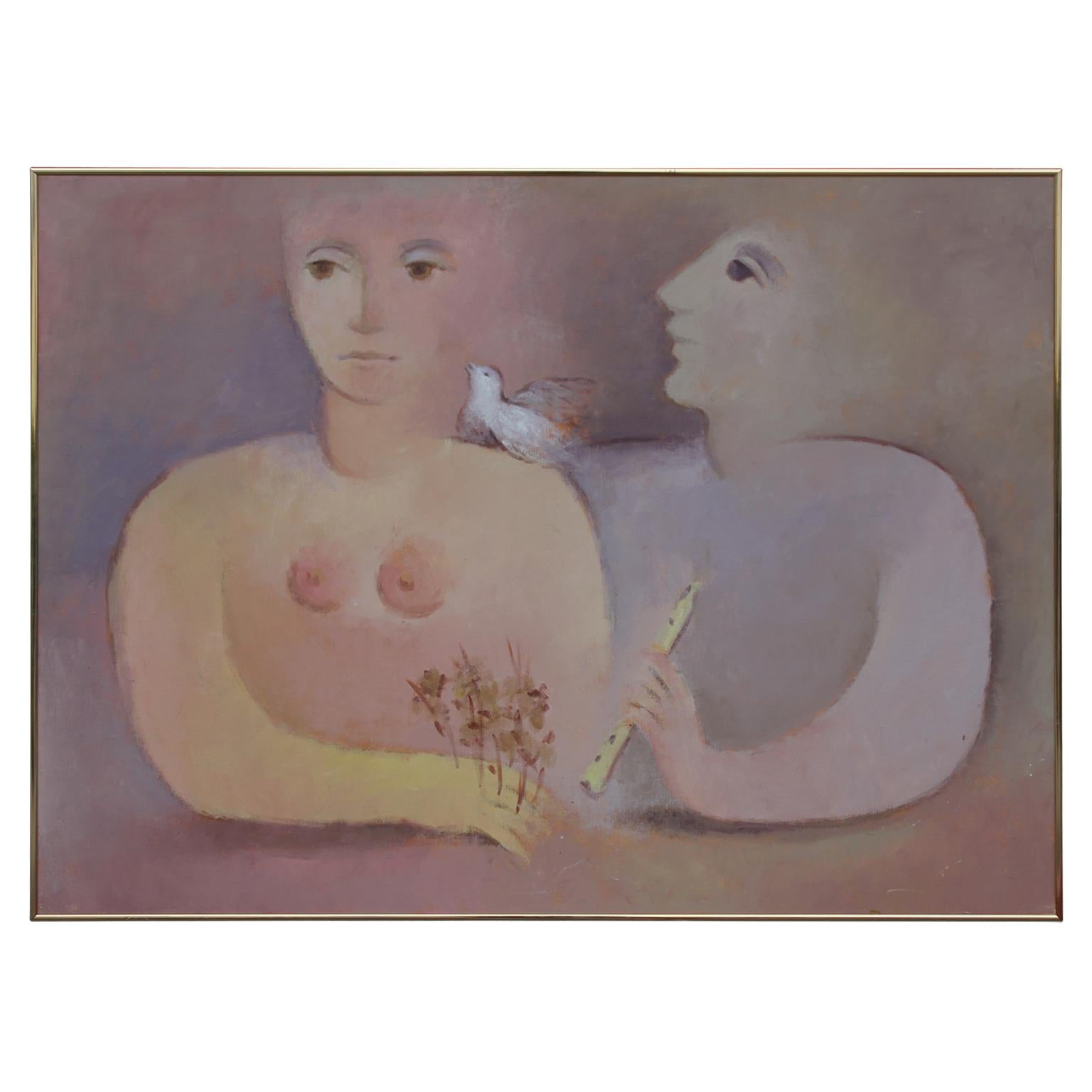 (after) Marc Chagall Abstract Painting - Pink and Purple Neutral Abstract of Two Figures and a Dove