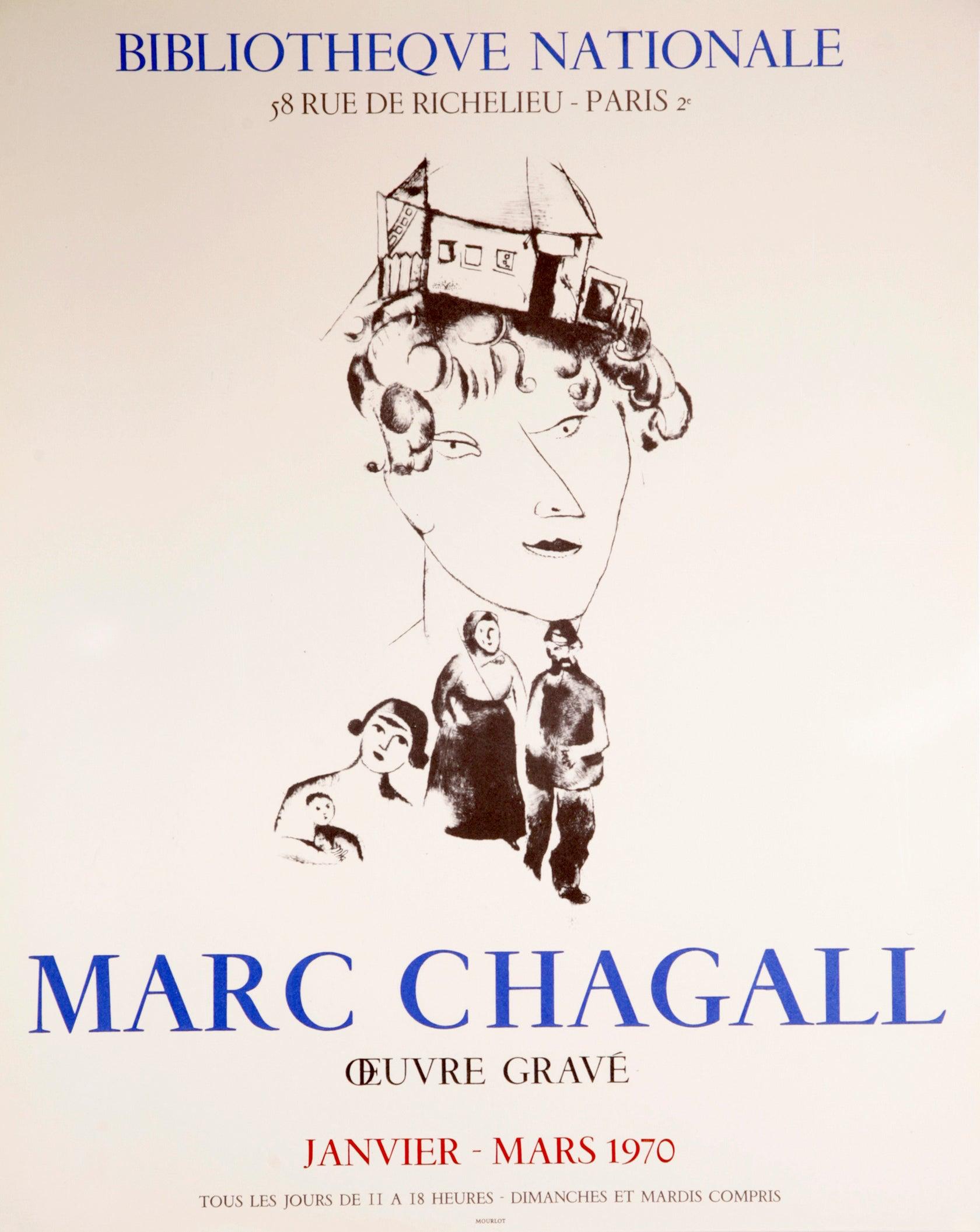 Artist: Marc Chagall

Medium: Lithographic Poster, 1970

Dimensions: 22 x 17.7 in, 56 x 45 cm

Classic Poster Paper - Perfect Condition A+

This lithographic poster was produced for an exhibition of Marc Chagall's prints at the Bibliothèque