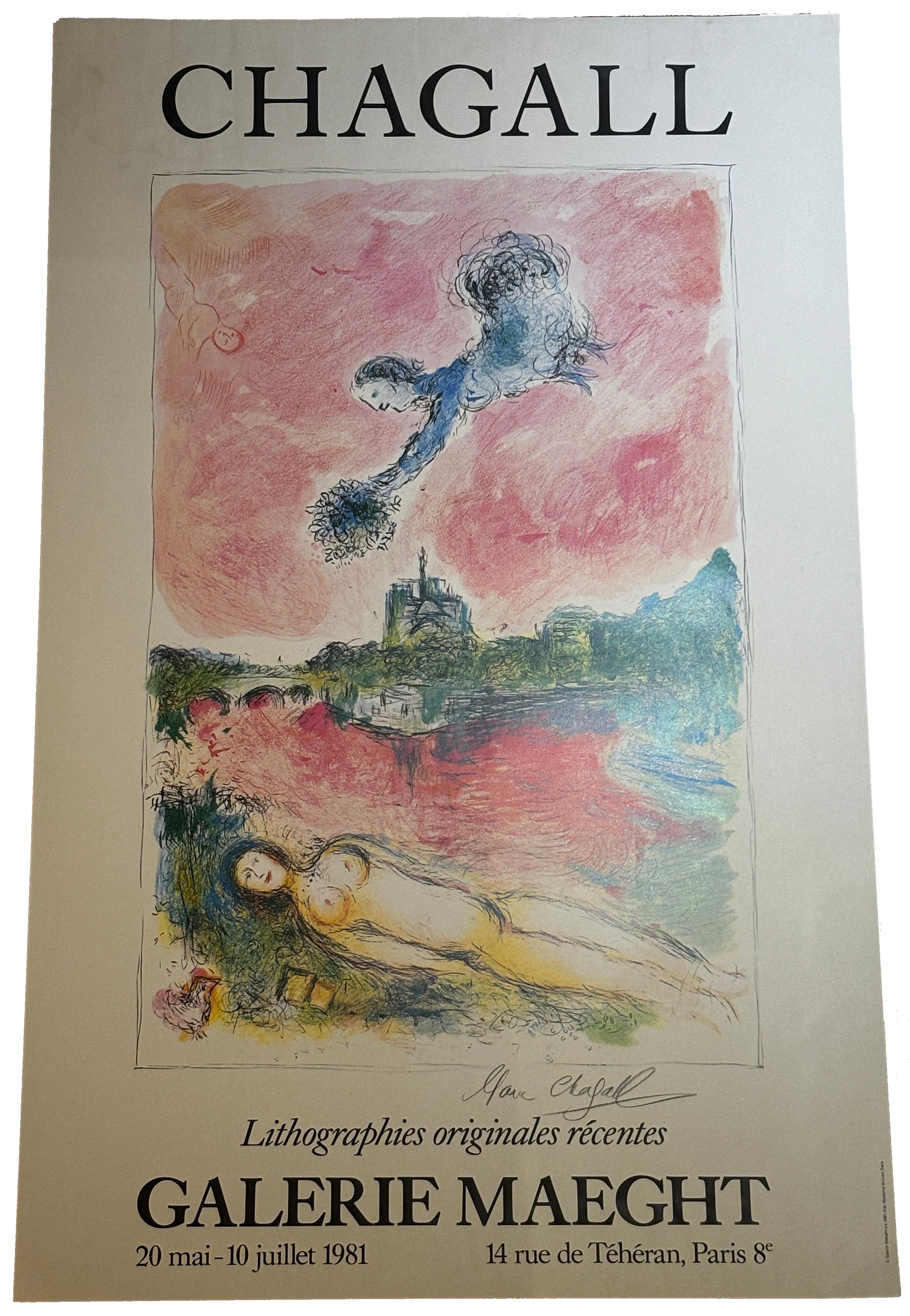 (after) Marc Chagall Figurative Print - Exhibition Poster 'Vue sur Notre Dame Cathedral' Signed