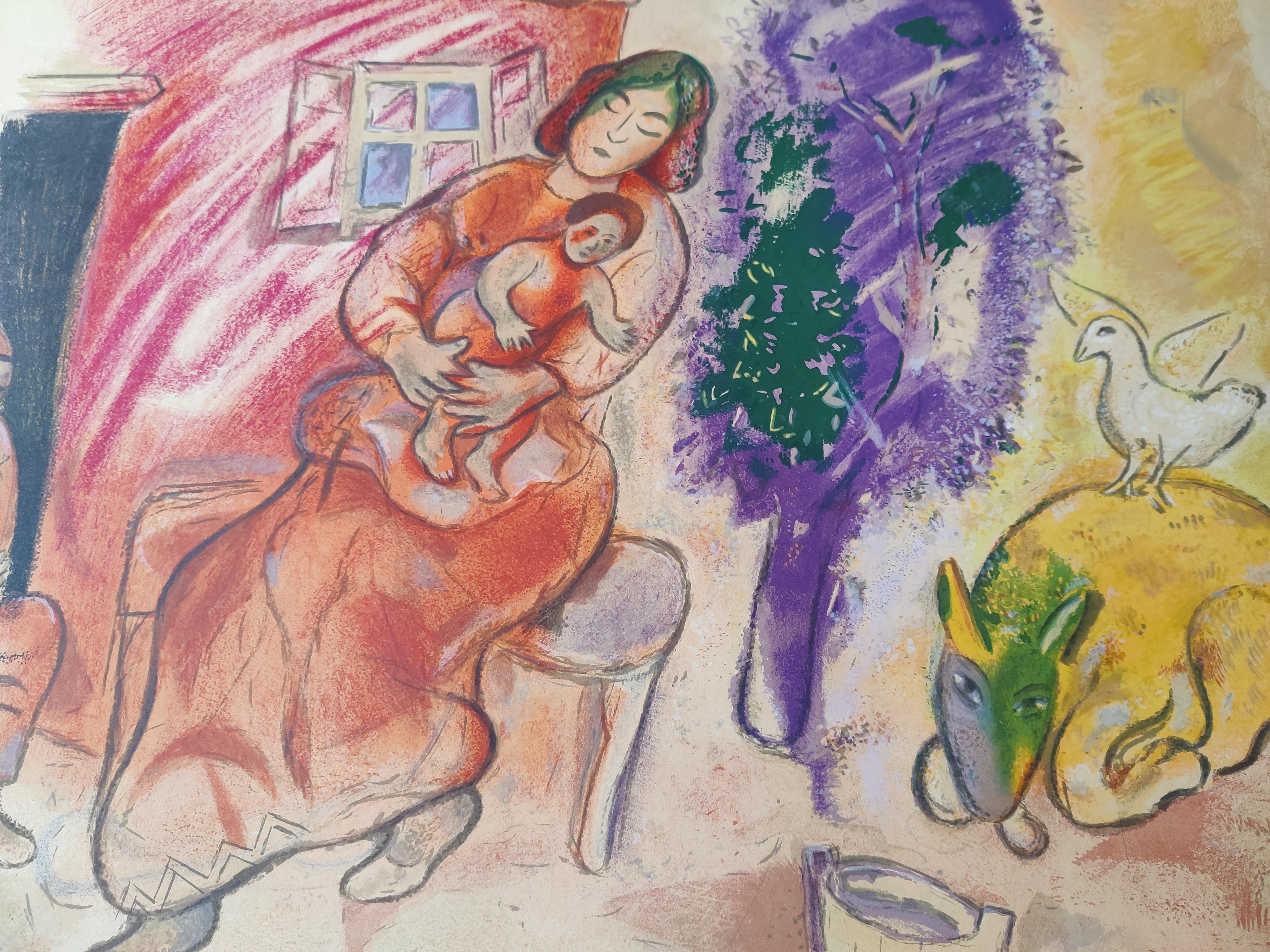Marc Chagall (nach)
Maternité (Mutterschaft), 1954
Farblithographie
Bildgröße: 52 cm x 67 cm
Blattgröße: 58 cm x 76 cm
Auflage:	EA in der linken unteren Ecke 
Rechts unten handsigniert
Gedruckt bei Mourlot, Paris. 
Herausgegeben von Maeght,