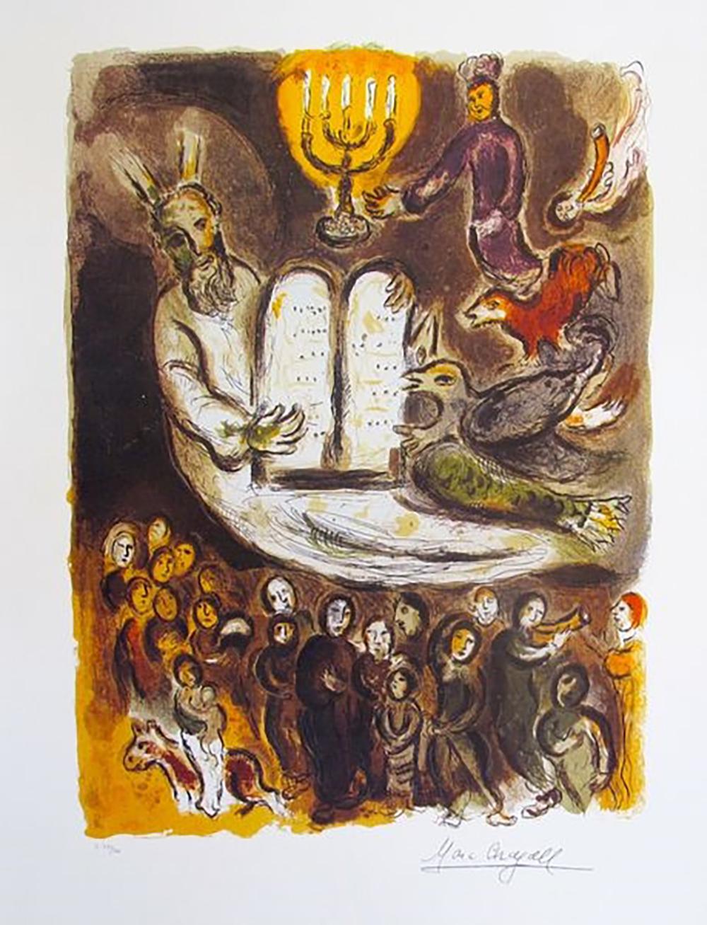 (after) Marc Chagall Figurative Print – Marc Chagall „Moses zeigt die Älteren die Tafeln des Gesetzes“:: nummerierte Lithographie